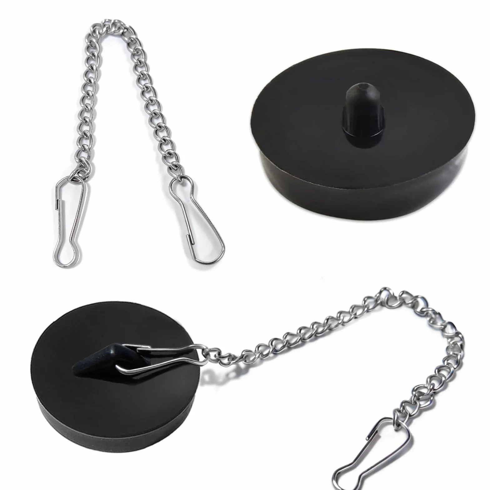 Dreamil Korki do odpływu, 2 sztuki, gumowe zatyczki do zlewu z łańcuchem stoperowym ze stali nierdzewnej, do wanny, kuchni, łazienki, kolor czarny (42-50mm)