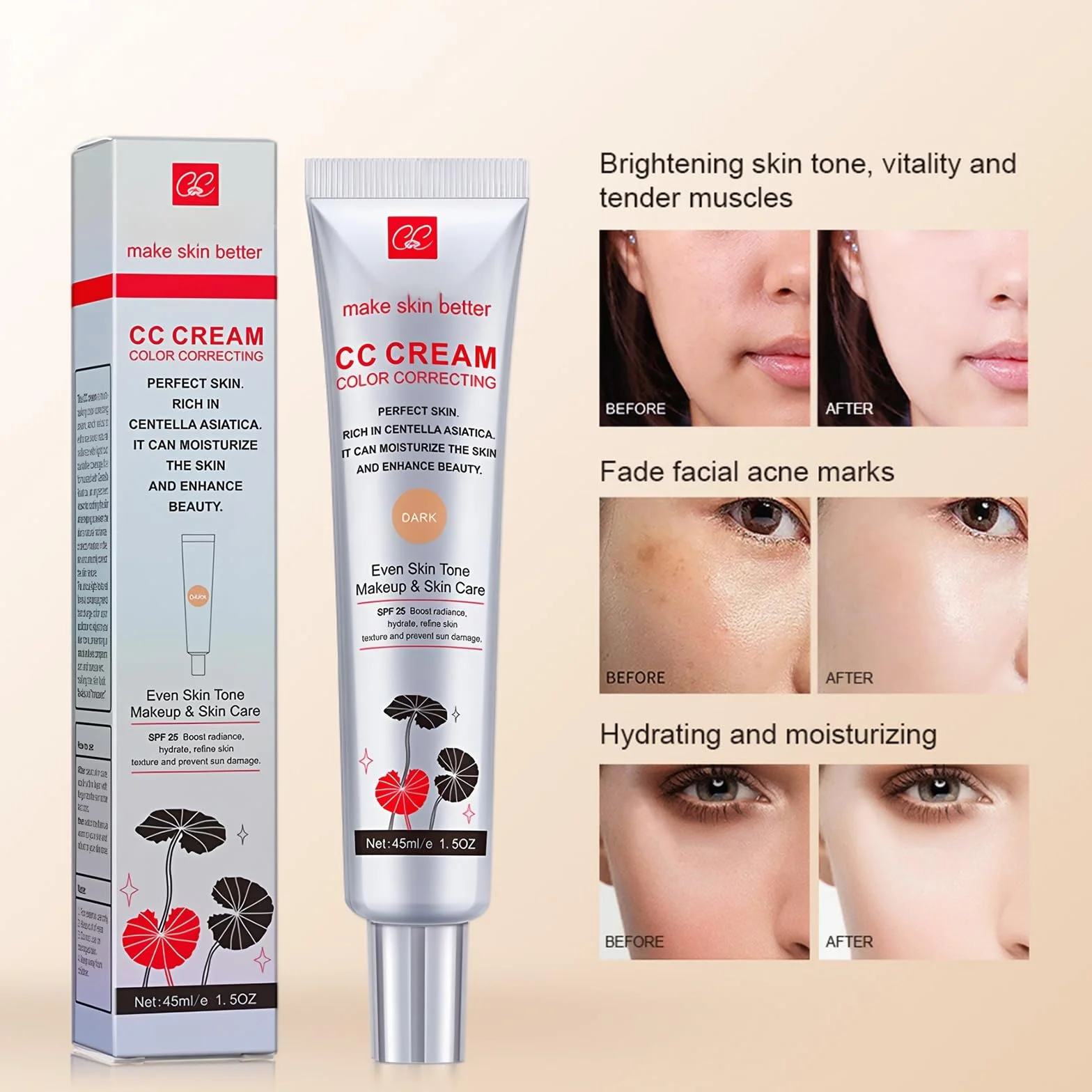 Centella Asiatica CC-Creme, CC Cream Fluid podkład do zakrywania niedoskonałości skóry, LSF 25+, do dostosowania kolorytu skóry, pełne pokrycie, korektor kolorów makijażu