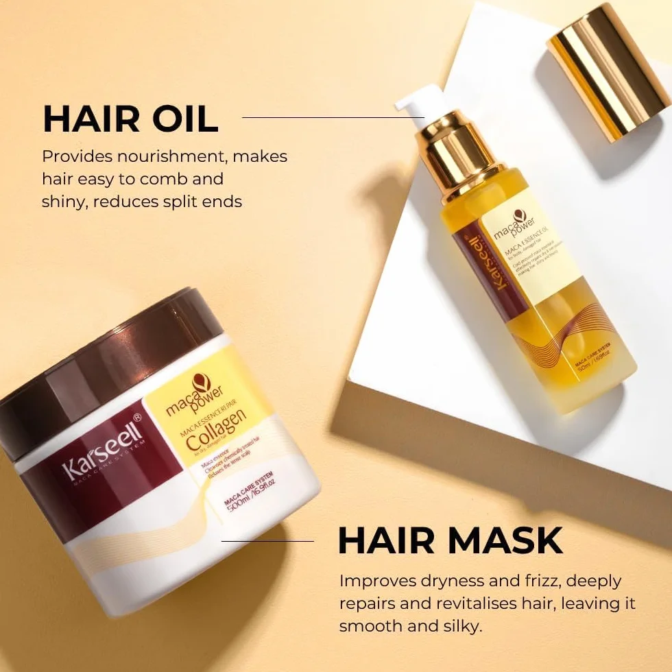 Karseell Maca Essence Repair Set, Collagen Hair Mask & Hair Oil Głęboka naprawa włosów Pielęgnacja suchych i zniszczonych włosów Wszystkie rodzaje włosów 500 ml + 50 ml