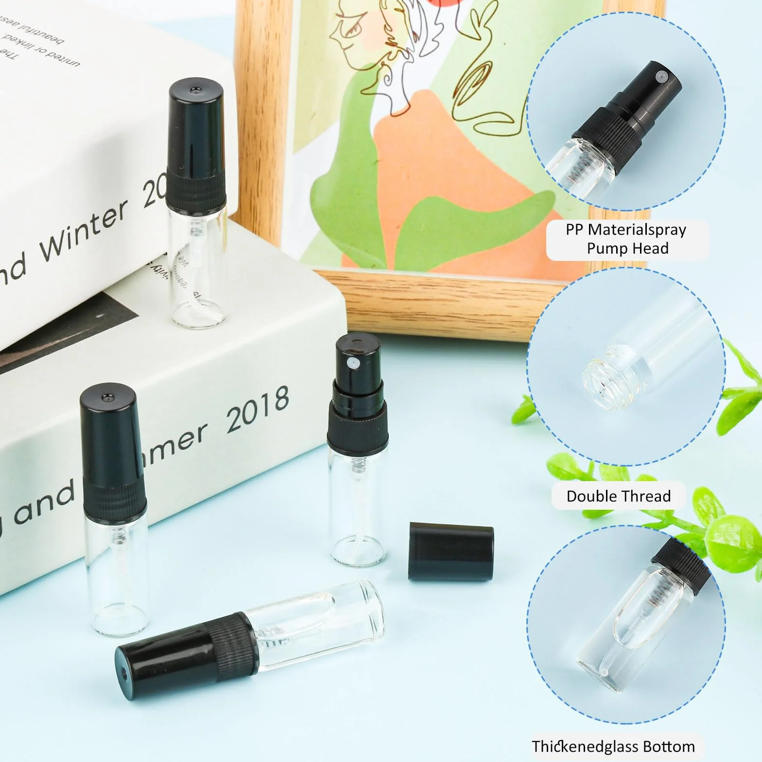 RVLZKCPG 50 sztuk mini rozpylaczy do perfum na podróże, 3 ml, wielokrotnego napełniania, z 3 pipetami, 3 lejkami, 3 dozownikami i 4 arkuszami etykiet do podróży i kempingu