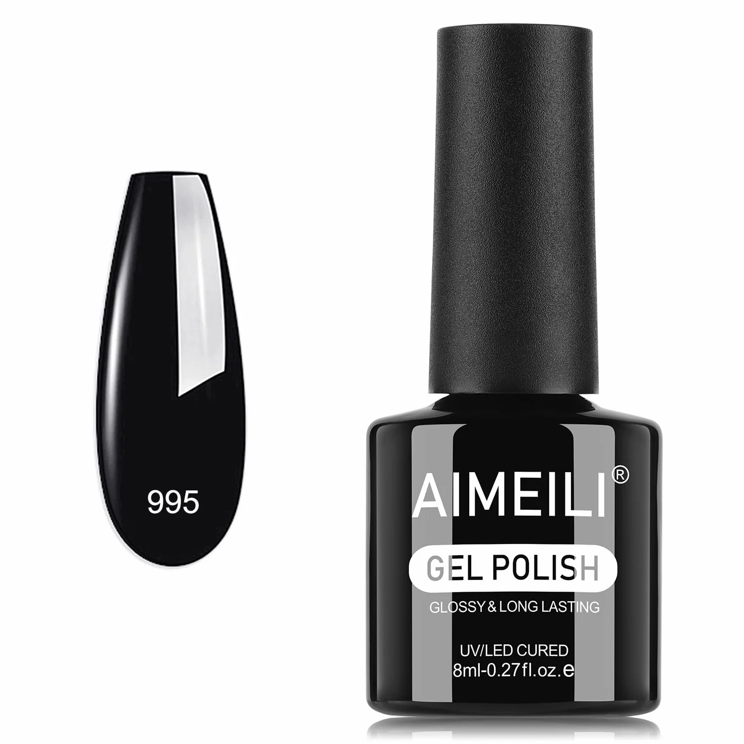 AIMEILI żelowy lakier do paznokci UV LED, czarny do salonu manicure, home DIY, bardzo błyszczący, beztestowy, trwały i odporny na zużycie, 8 ml, 995