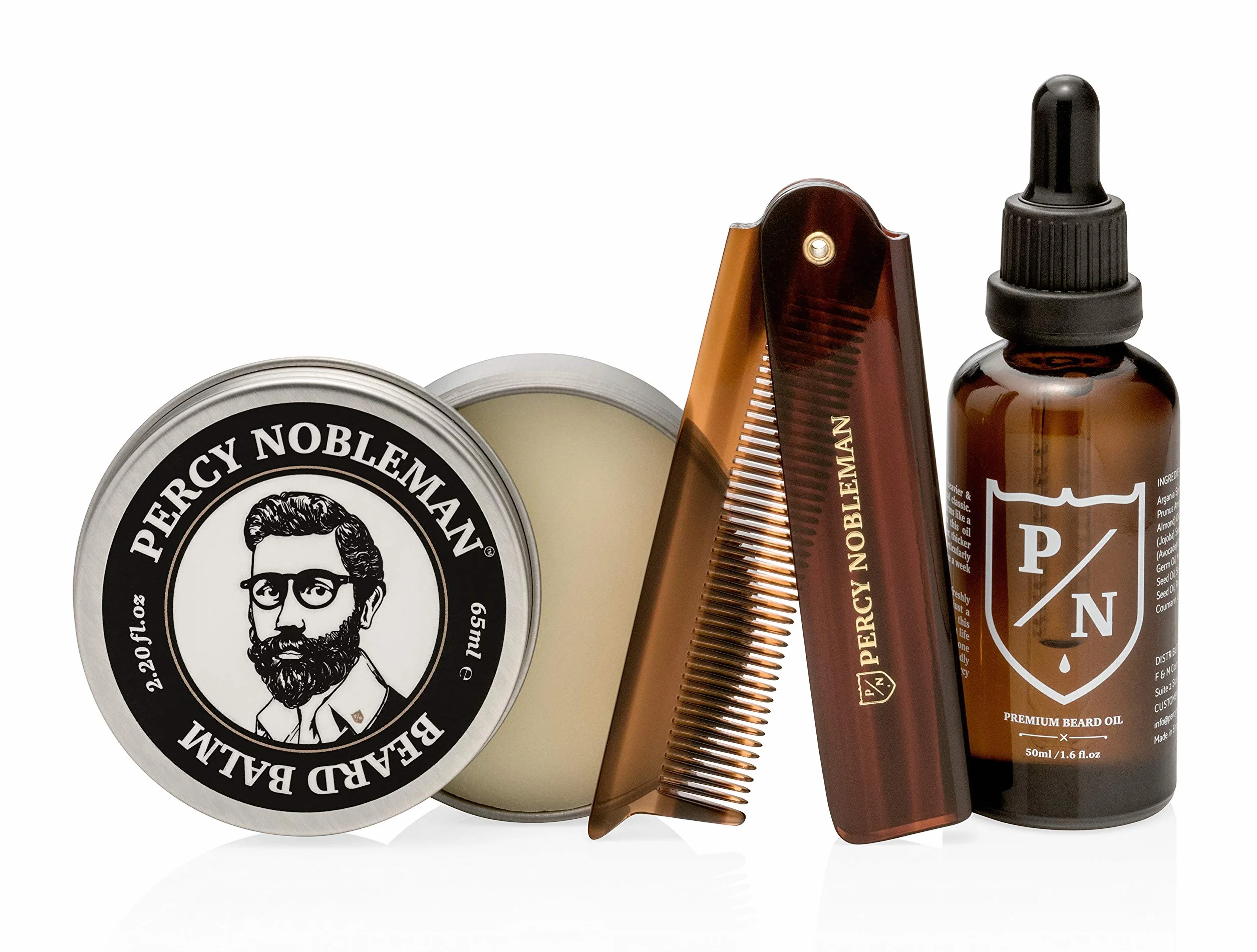 Zestaw do pielęgnacji brody Premium Percy Nobleman, zestaw do pielęgnacji brody z limitowanej edycji, zawierający olejek do brody, balsam do brody i składany grzebień