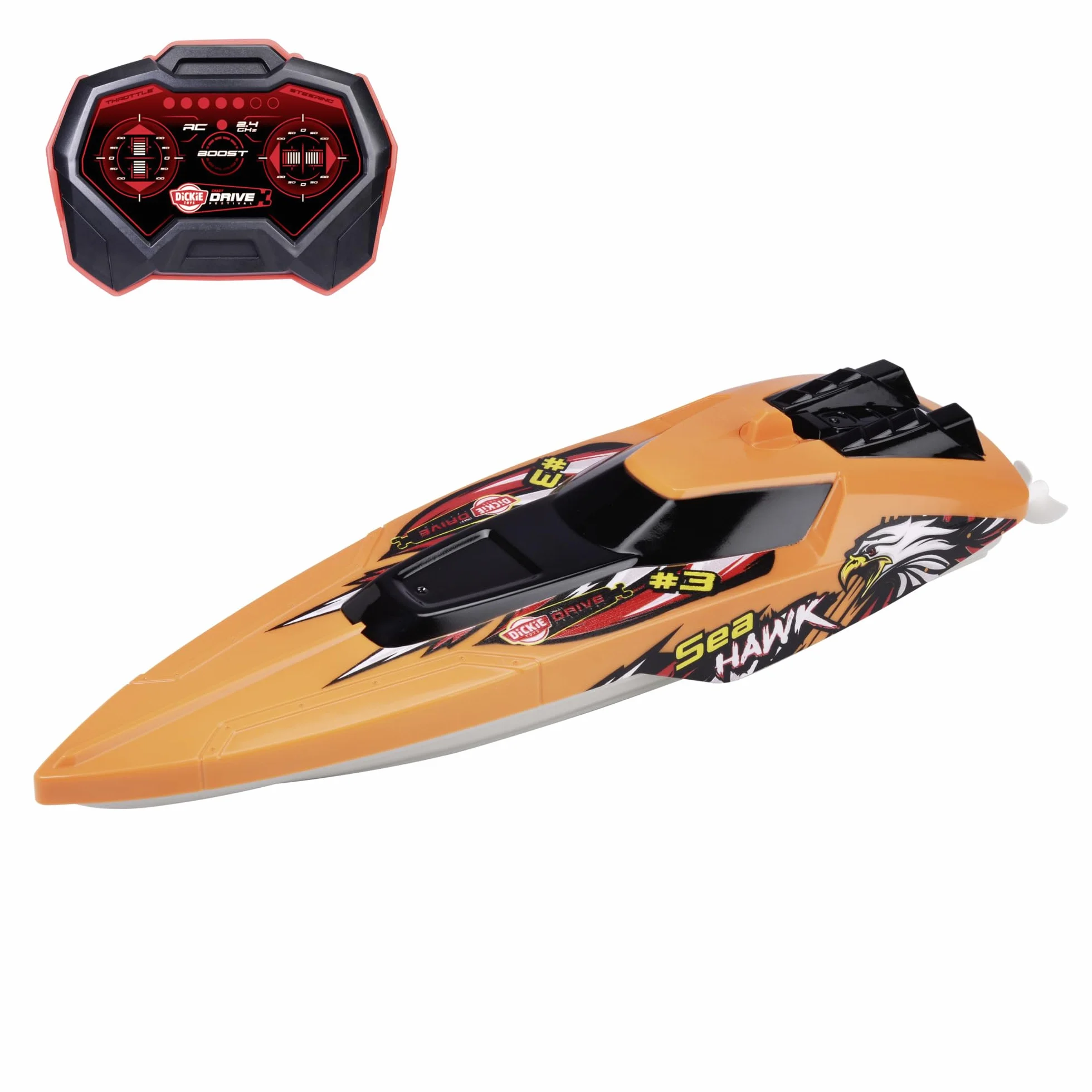 Dickie Toys - RC Boot Sea Hawk – zdalnie sterowana łódź do basenu lub jeziora z funkcją ochronną i Turbo-Boost, zabawka motorówka dla dzieci z pilotem zdalnego sterowania 2,4 GHz, 33 cm, maks. 4 km/h
