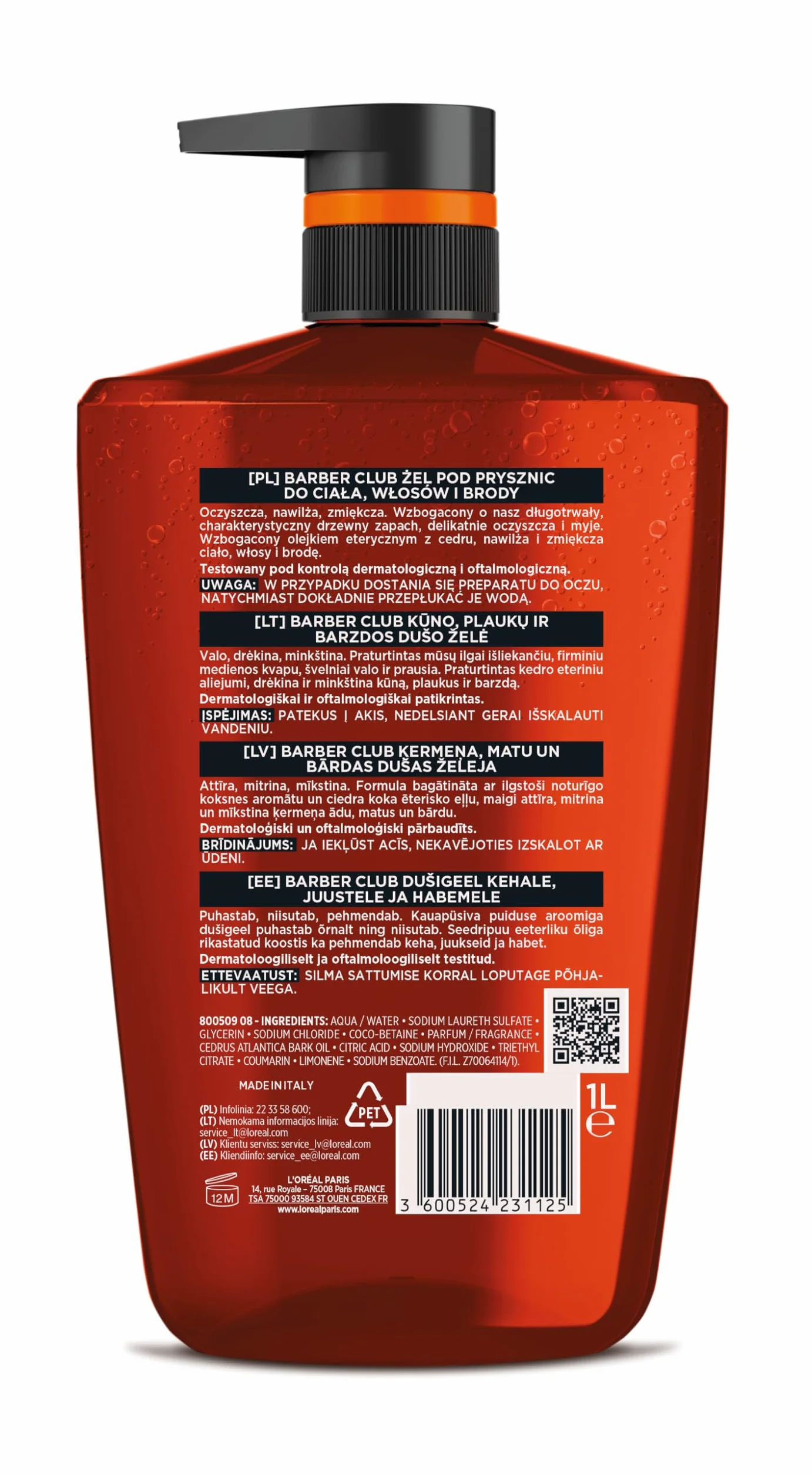 L'Oréal Paris Men Expert Barber Club 5w1 żel pod prysznic do mycia ciała, włosów i brody, 1L