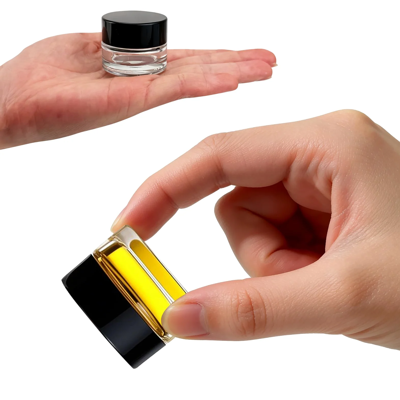 Małe przezroczyste słoiki 5 ml z czarnymi pokrywkami i łyżkami, puste szklane pojemniki na kosmetyki luzem z wkładką, hermetyczna butelka kremowa, na próbki produktów kosmetycznych, podróży