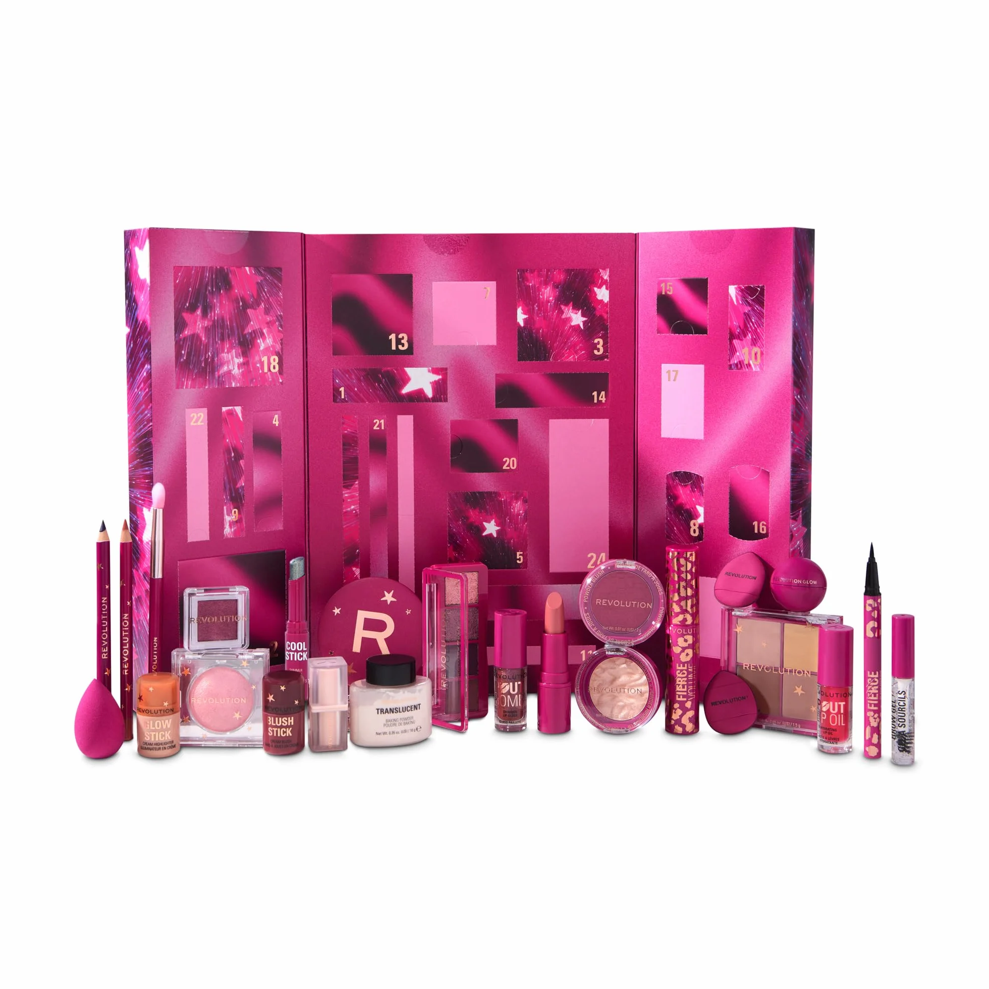 Revolution Makeup Adwent Calendar 2025, 24 niezbędne akcesoria kosmetyczne, zestaw upominkowy z błyszczykiem do ust, rozświetlaczem, różem, pędzlem i tuszem do rzęs, wegański, nietestowany na