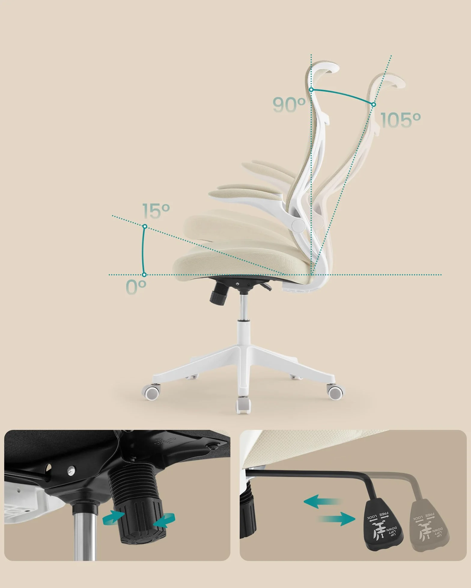 SONGMICS Krzesło biurowe, obrotowe krzesło siatkowe, ergonomiczne oparcie, regulacja wysokości, rozkładane podłokietniki, zagłówek, obciążenie do 150 kg, beżowy cappuccino OBN088K01