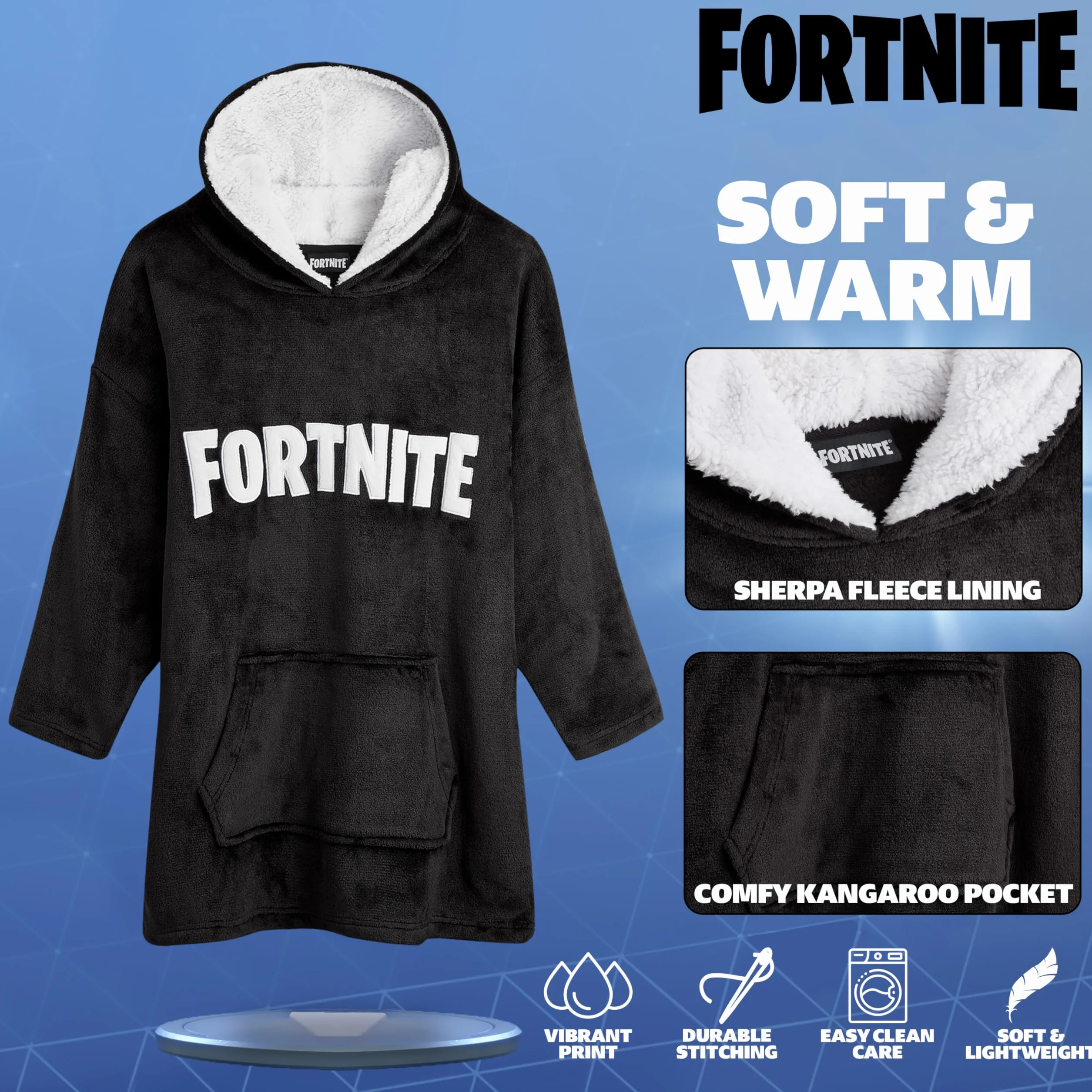 Bluza z kapturem dla dzieci Fortnite, bardzo duży rozmiar, miły koc z rękawami, ciepły polar, bluza dla graczy, przenośny koc z rękawami, czarny, jeden rozmiar