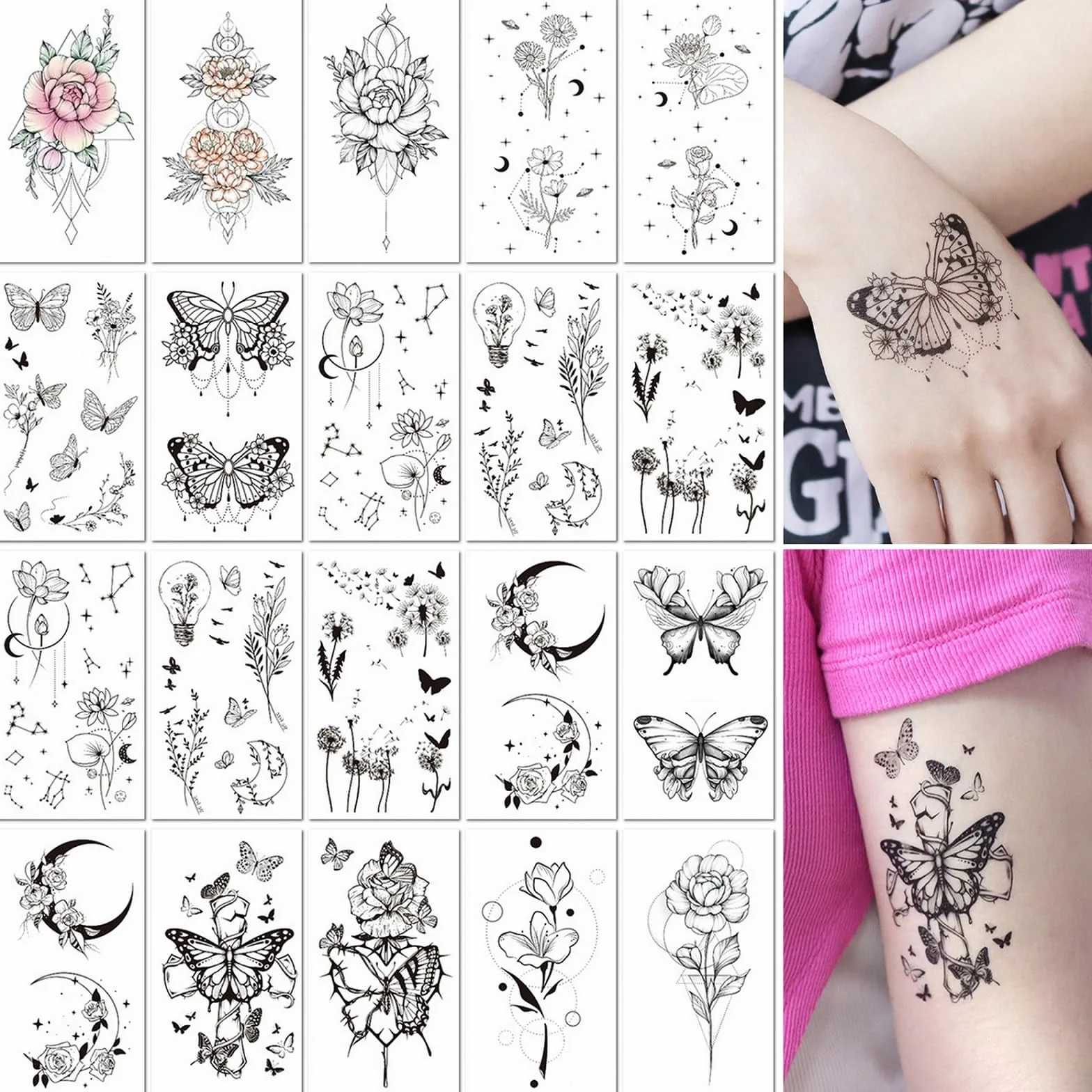 20 Arkuszy Wodoodpornych Czarnych Kwiatowych Konstelacji Roślin Motyli Półtrwałych Tymczasowych Naklejek Tatuażowych