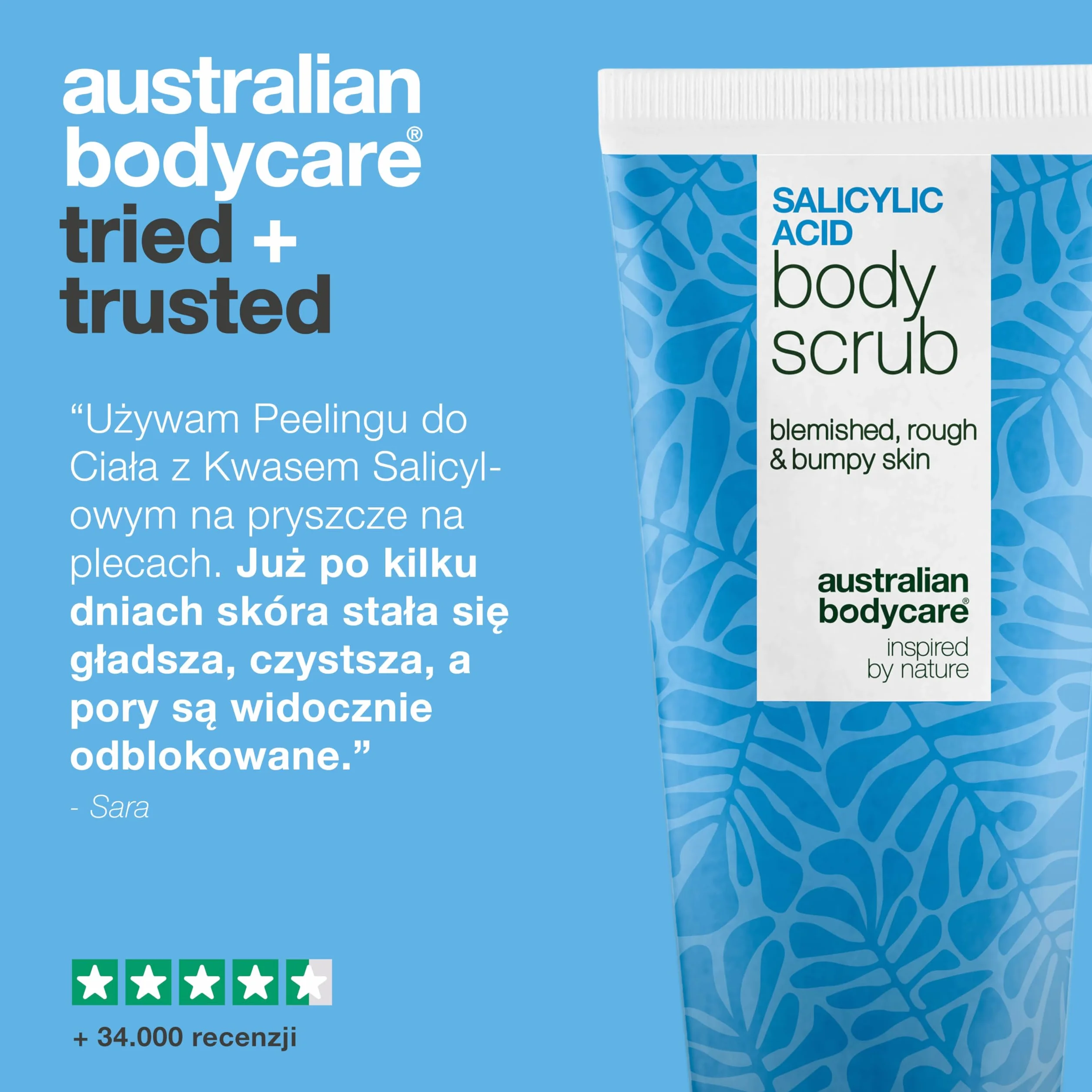 Peeling do ciała z kwasem salicylowym na trądzik, zaskórniki i niedoskonałości na plecach, pośladkach i ciele – usuwa martwy naskórek dzięki kwasom salicylowym (BHA) i glikolowym (AHA) oraz gliceryną