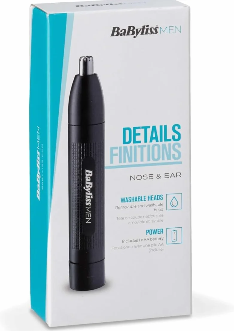 BaByliss Trymer do nosa i uszu - precyzyjny system 2 ostrzy, zasilany bateryjnie, stal nierdzewna, łatwe do czyszczenia zdejmowane nakładki, czarny, E650E