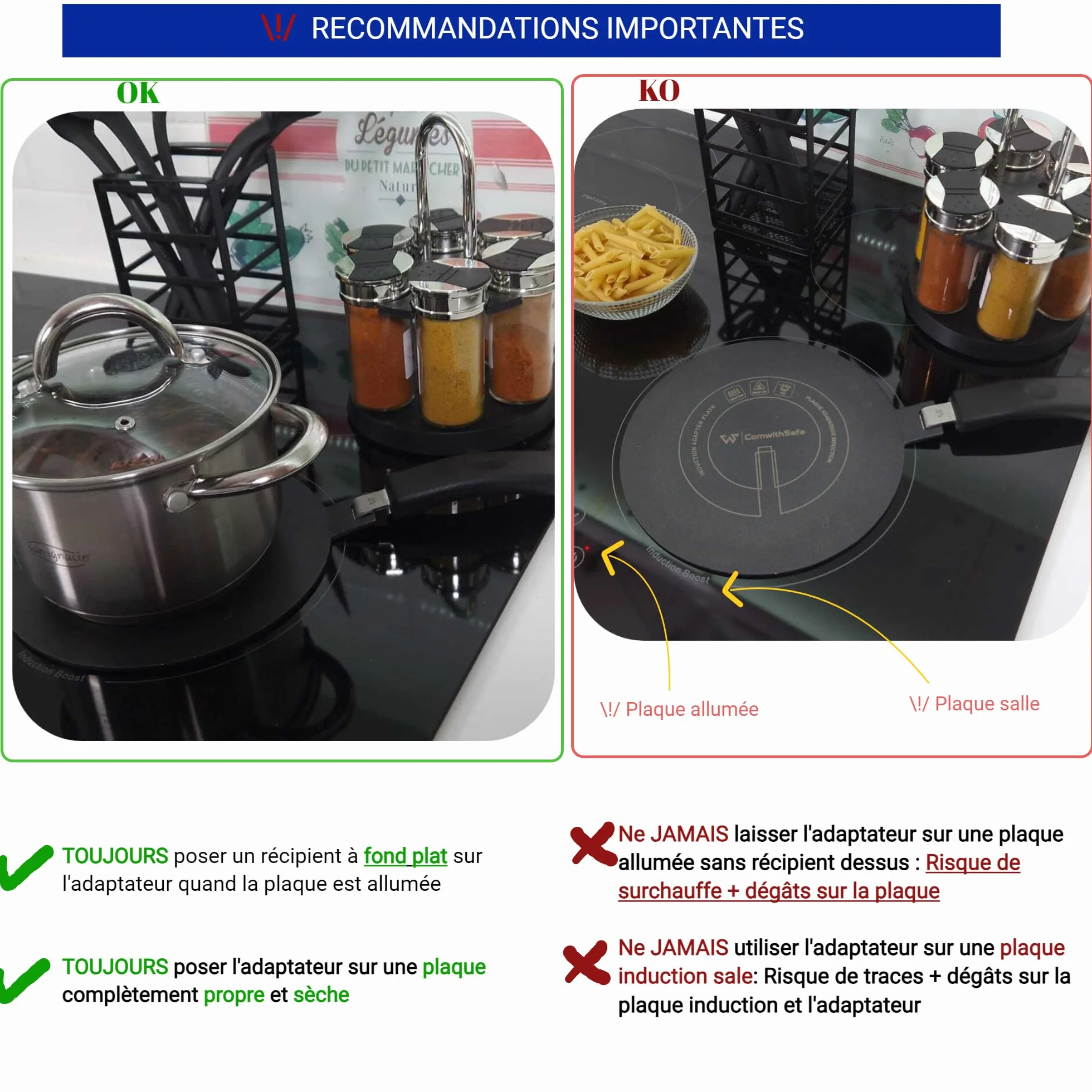 ComwithSafe Adapter indukcyjny 20 cm, zdejmowany uchwyt izolacyjny, nie zmienia koloru po użyciu, płyta rozdzielająca ciepło z czarną powłoką wysokotemperaturową, tarcza indukcyjna/gazowa