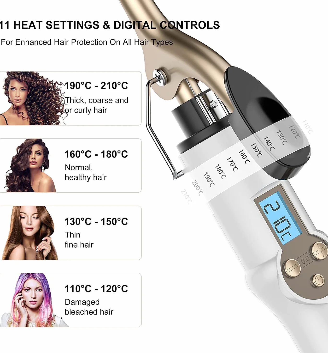 AIMERVO Lokówka do włosów 9MM Afro Drobne Loki 3/8 Inch Curling Wand 11-stopniowa Regulacja Temperatury 110-210°C Cyfrowy Wyświetlacz LCD Ceramiczna Turmalinowa