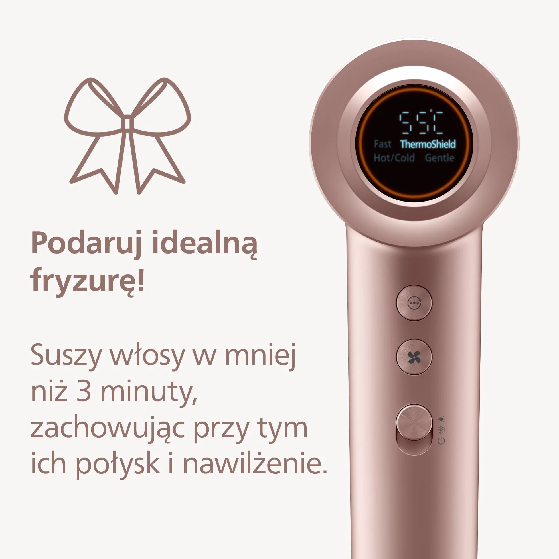 Philips Suszarka z serii 8000: ThermoShield Advanced i bezszczotkowy silnik DC zapewniają szybkie suszenie i optymalną pielęgnację, 1400 W, kolor Rose Champagne, nasadka i dyfuzor, model BHD837/10