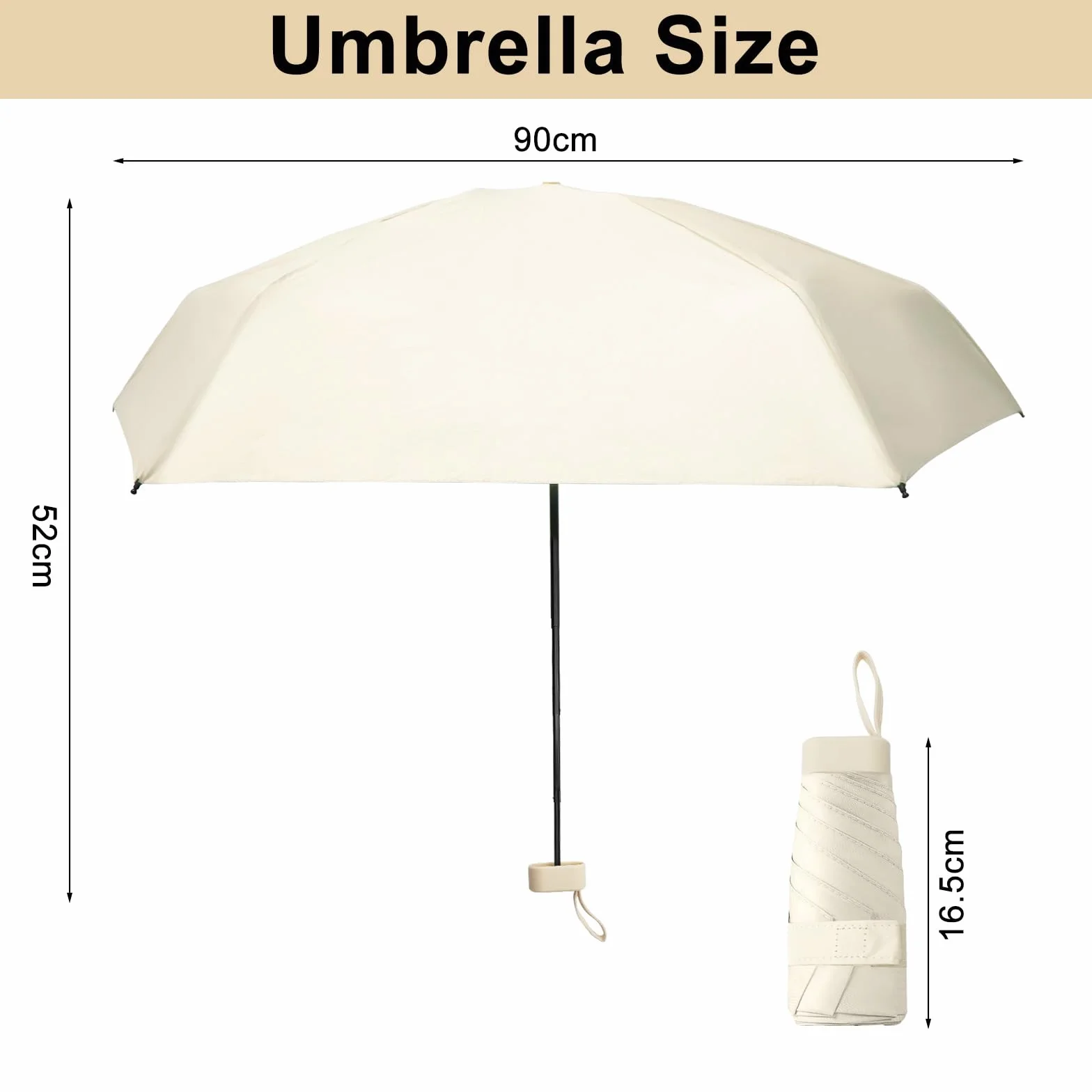 Mini parasol ultrakompaktowy, ultra lekki parasol kieszonkowy z 99% ochroną przed promieniowaniem UV i UPF50+, odporna na uderzenia tkanina, stalowy drążek, powierzchnia parasola 91 cm, beżowa
