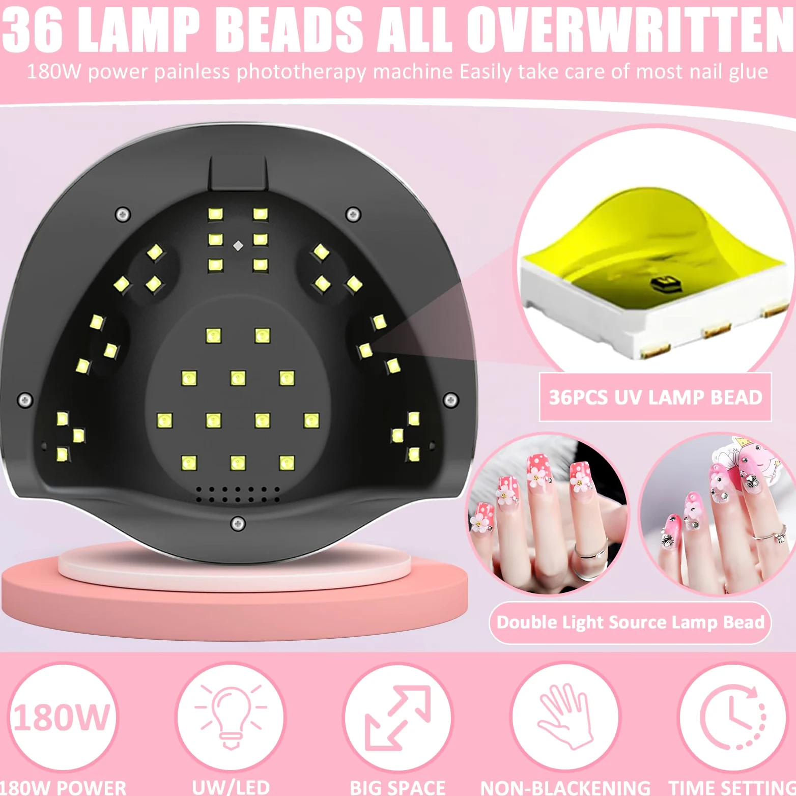 FrashengLampa suszarki paznokci 180 W, LED UV do paznokci, nowa konstrukcja ucha kota, profesjonalna lampa lakieru do paznokci
