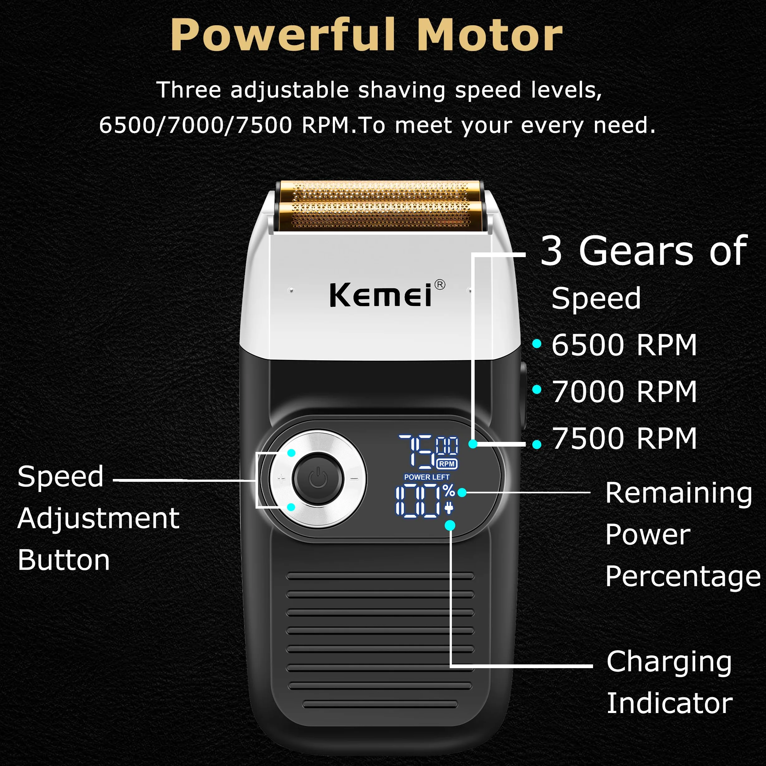 Kemei Golarka foliowa dla mężczyzn elektryczna bezprzewodowa z wyświetlaczem LED