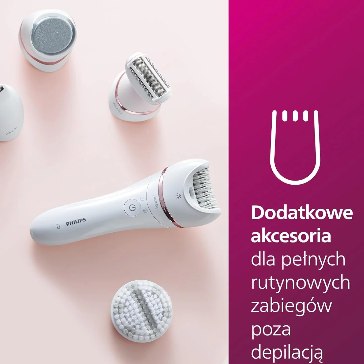 Philips Depilator z serii 8000, bezprzewodowy depilator na mokro i na sucho do nóg i ciała z 9 akcesoriami, golarką, trymerem, pilnikiem do pedicure i szczoteczką złuszczającą, model BRE740/10