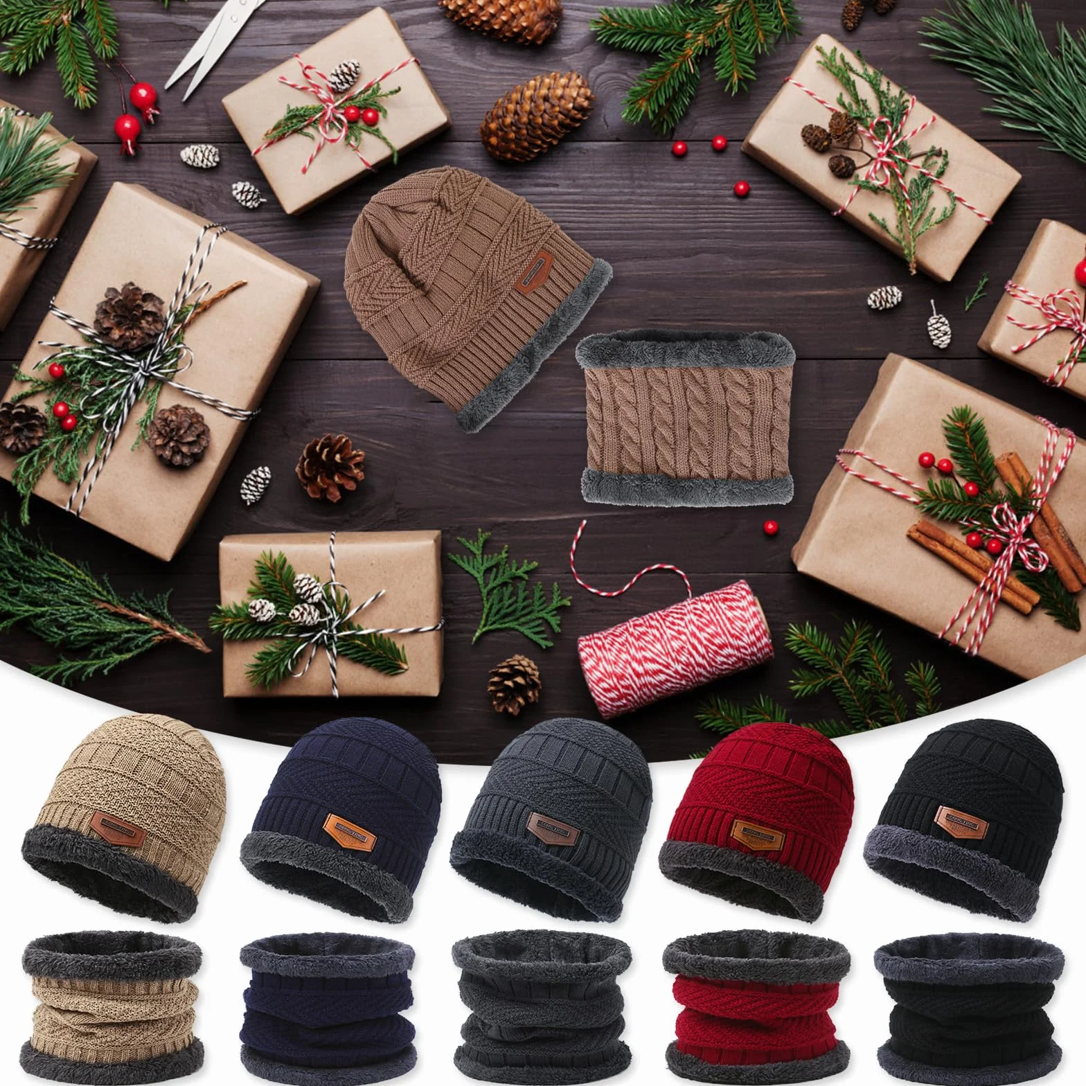 Zimowa czapka typu pętla, zestaw dla mężczyzn i kobiet, ciepła czapka beanie, komin z podszewką polarową