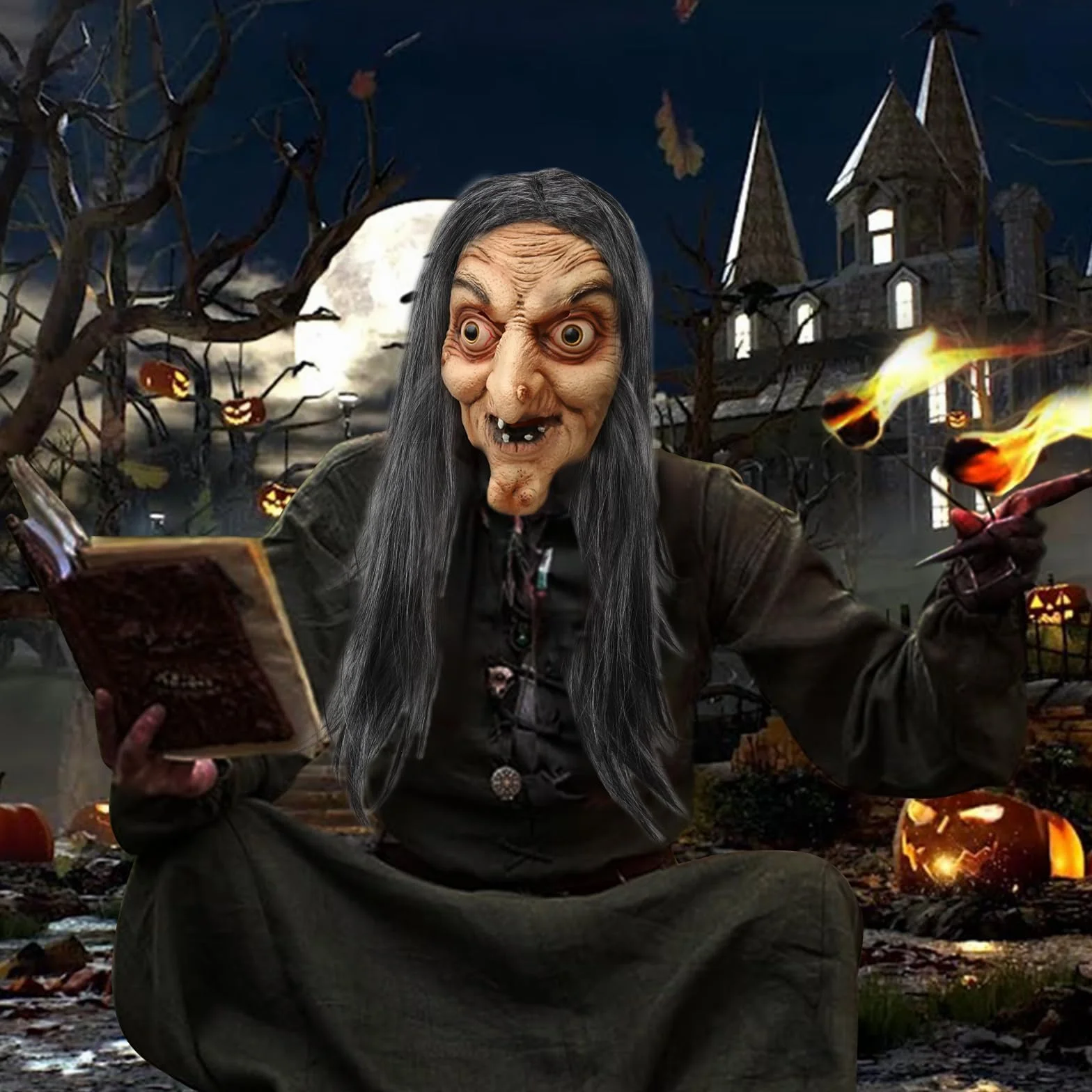 Przerażająca maska czarownicy na Halloween, przerażająca starsza kobieta, maska czarownicy z długimi włosami, straszna lateksowa maska czarownica, realistyczna maska czarownicy na Halloween i