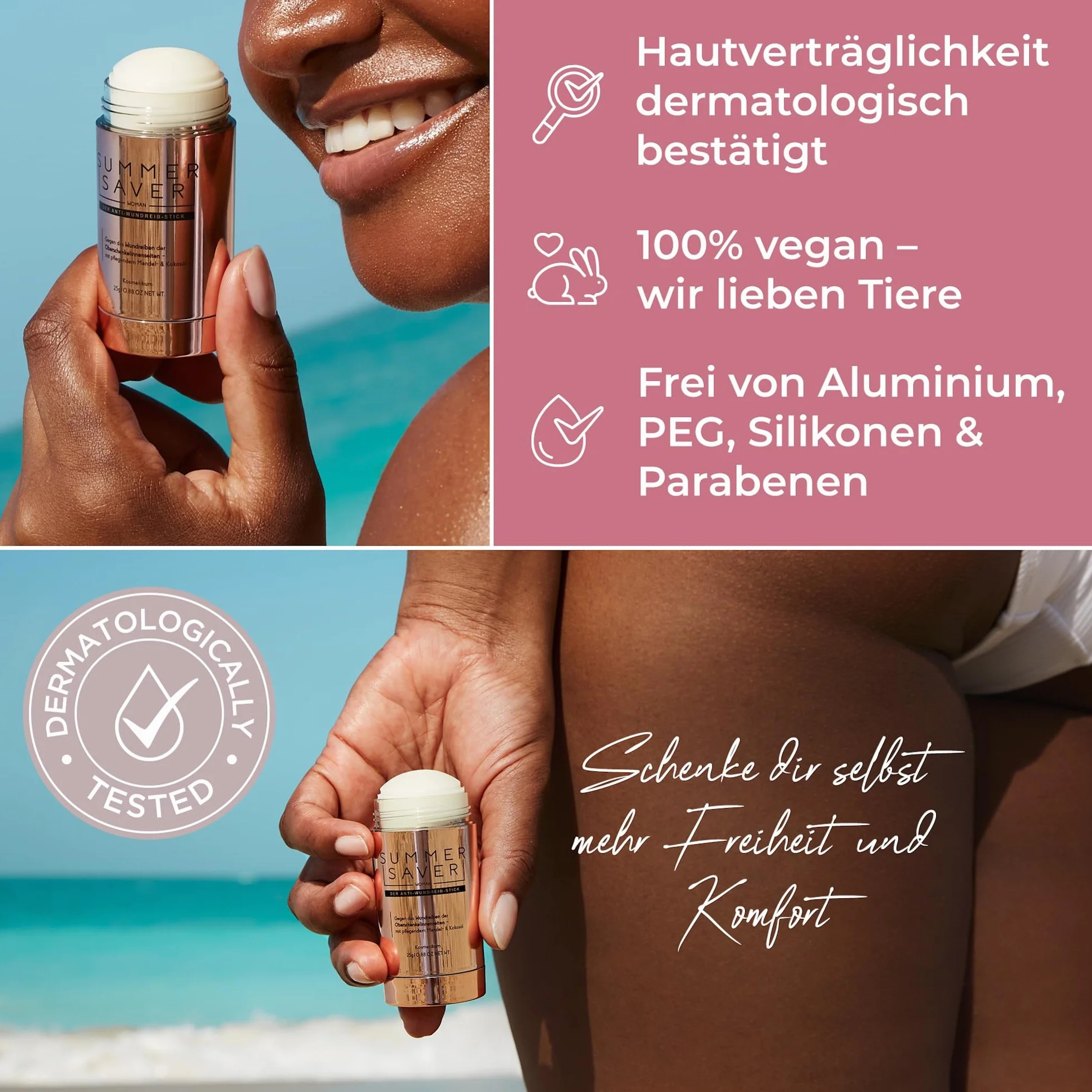 SUMMERSAVER Woman – sztyft przeciw otarciom 25g – do ud, pach i okolic biustonosza – z olejem kokosowym i migdałowym, witaminą E, alantoiną – produkt wegański, przetestowany dermatologicznie