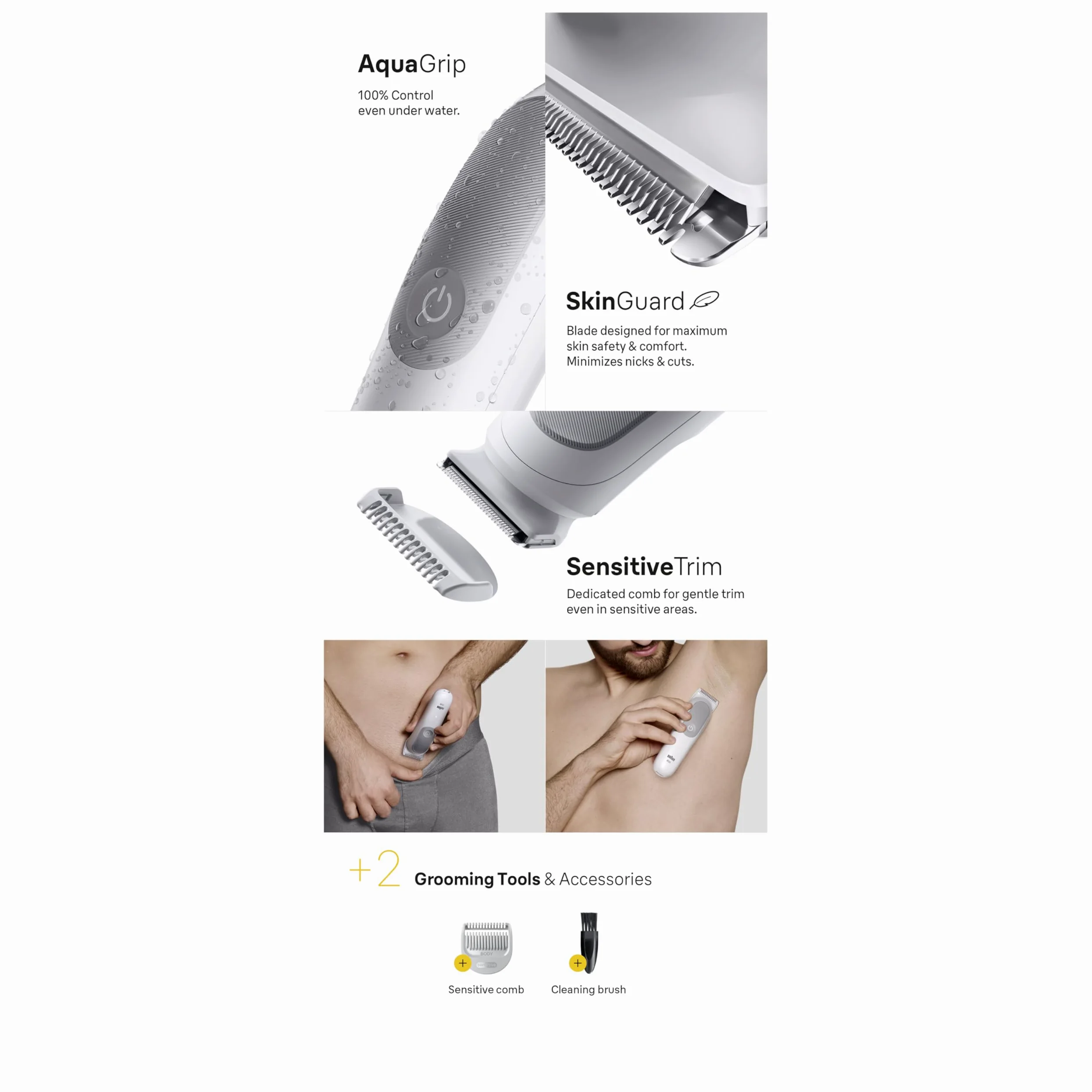 Braun Bodygroomer Series 5, + 2 akcesoria, przycinanie i golenie wrażliwych miejsc, czas pracy baterii 100 min, z dodatkową ochroną skóry, wodoszczelny, BG5500, szary