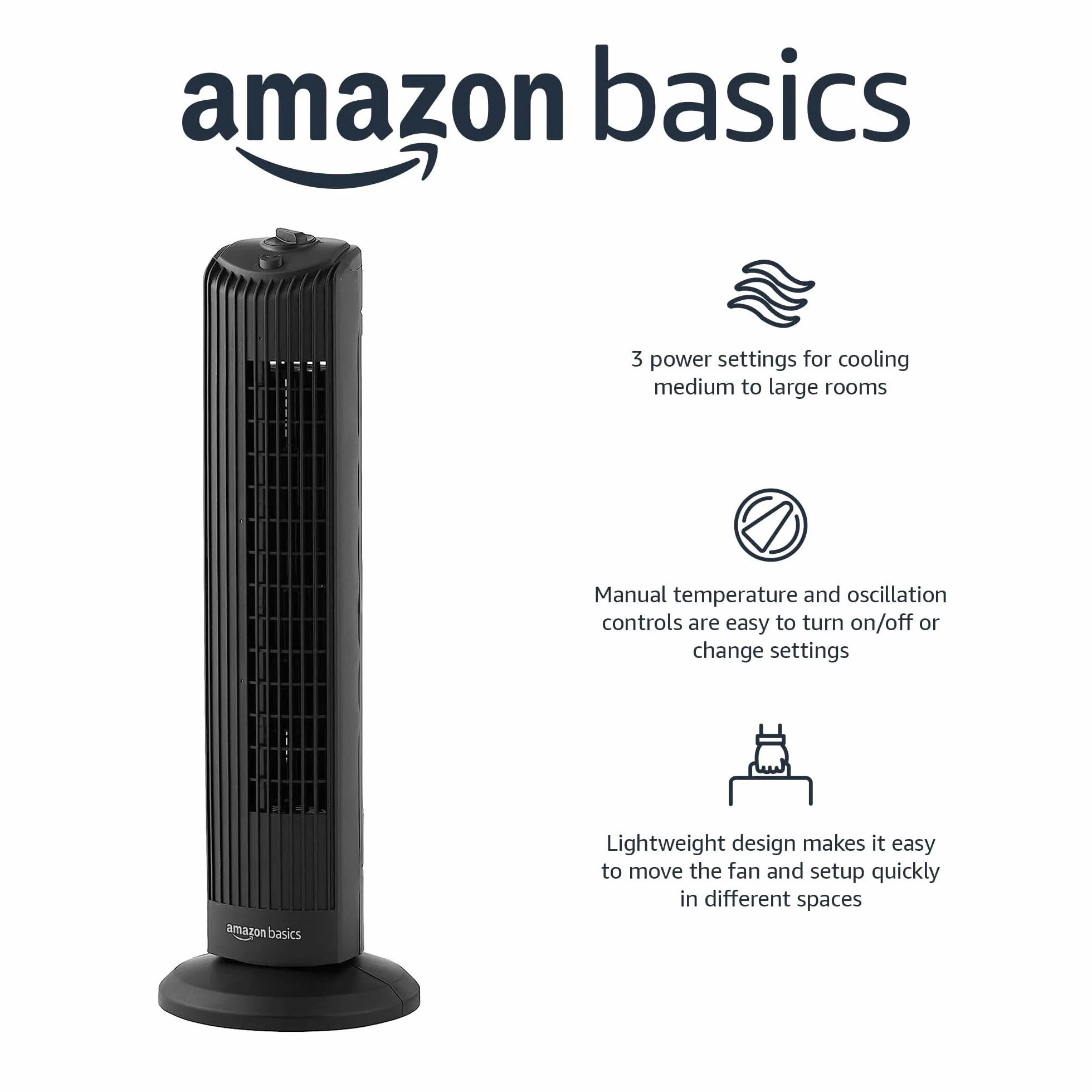 Amazon Basics Oscylacyjny Wentylator Kolumnowy o Wysokości 71 cm i Kącie Obrotu 60 Stopni do Sypialni, Salonu, Biura, 3 Prędkości, Intuicyjne Sterowanie Mechaniczne, Czarny Matowy