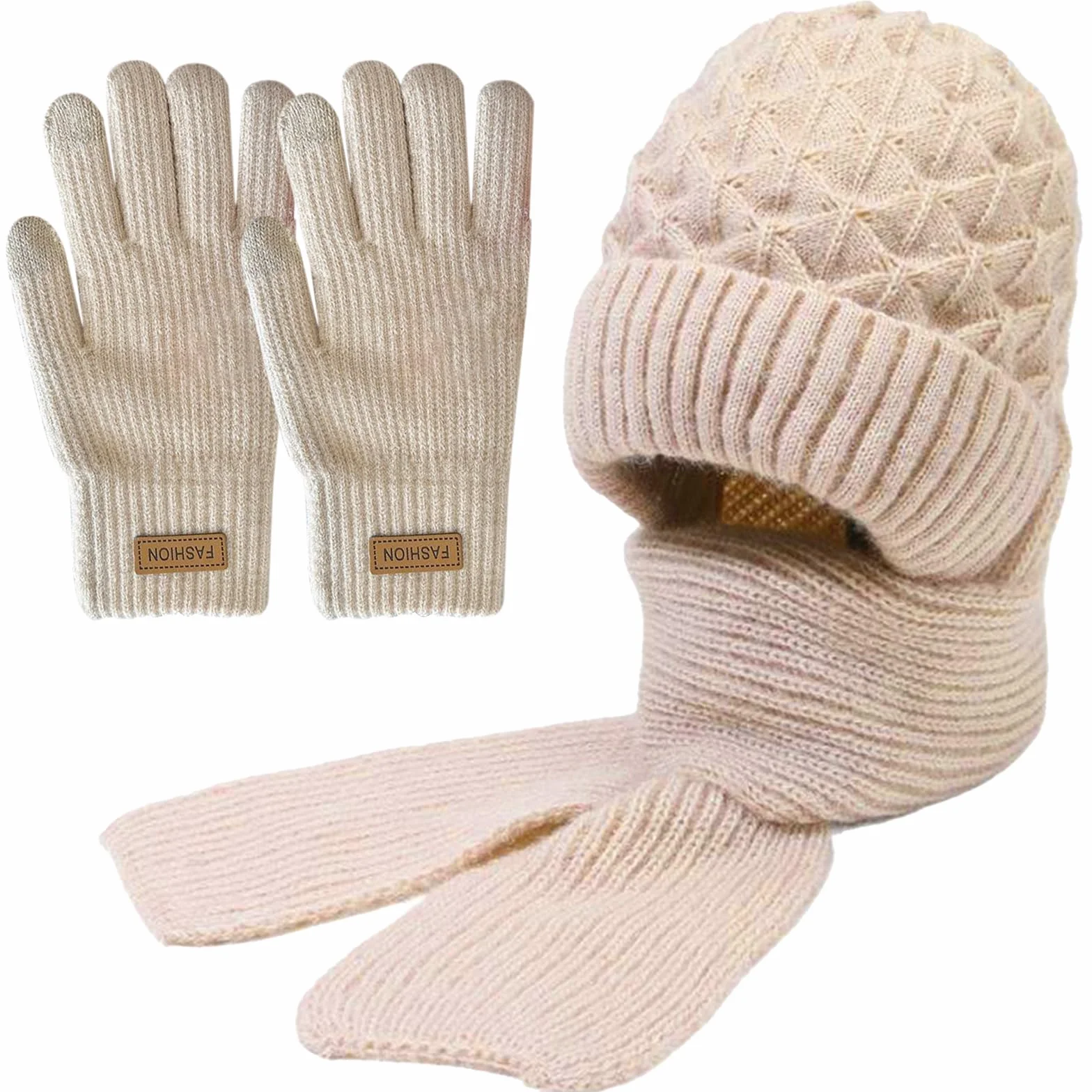 JSTHHTT Zimowe rękawiczki damskie z czapką i szalikiem, dzianinowa czapka typu beanie pętla, elastyczna czapka z szalikiem dla kobiet, zimowa ciepła dzianinowa czapka, ciepła pluszowa podszewka,