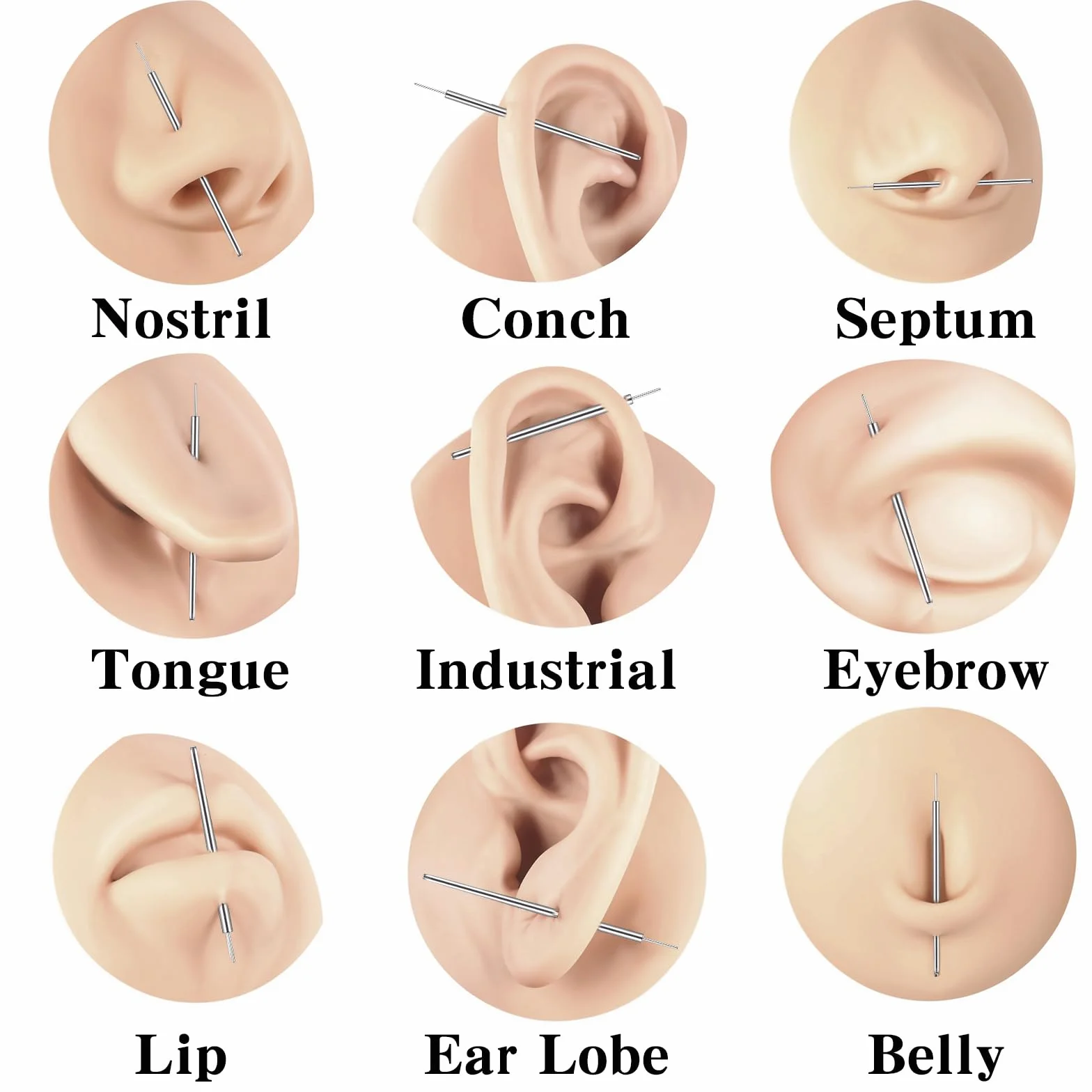 8 sztuk stożkowych narzędzi do wprowadzania piercingu, wymienne igły do piercingu, bezgwintowy pręt do wprowadzania, nakręcane narzędzie pomocnicze do nosa, pępka, wargi, brwi, ucha, chrząstki