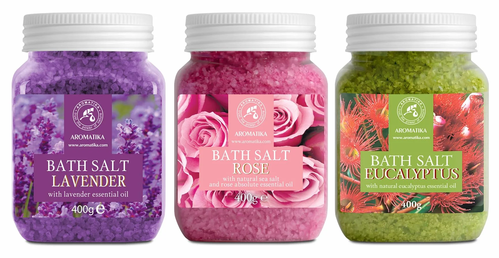 Zestaw soli Morskiej do Kąpieli 3х400g - Sól do kąpieli Lawenda i Róża i Eukaliptus - Naturalny Olejek - Aromaterapia - Relaks - Uspokajanie