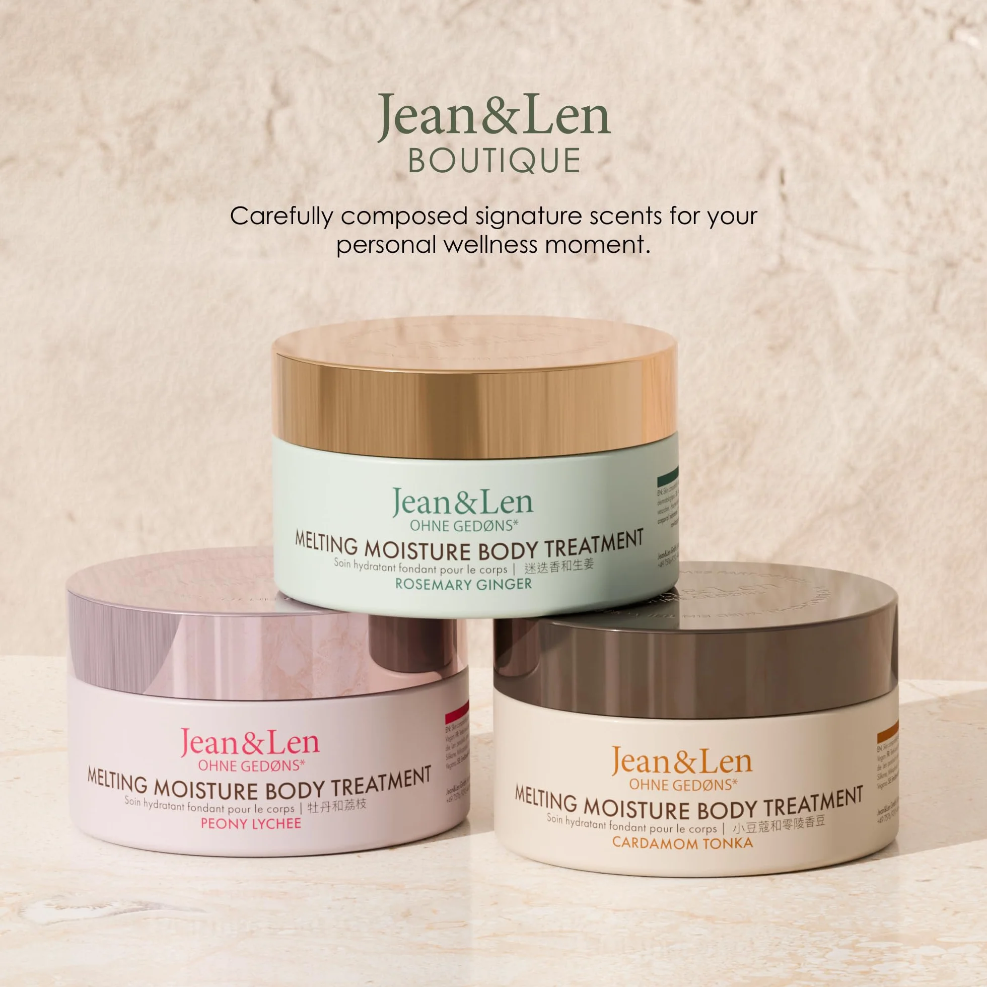 Jean & Len Melting Moisture Body Treatment Rosemary & Ginger, dla pachnących rezultatów pielęgnacji, do skóry normalnej, wysokiej jakości tygiel, pielęgnujące masło do ciała, bez parabenów i
