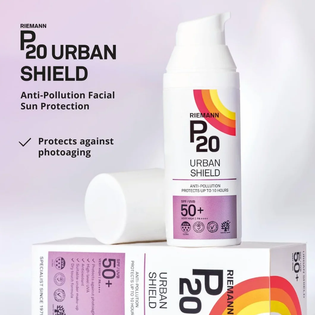 Urban Shield P20 Filtr przeciwsłoneczny SPF 50+, ochrona UVA/UVB, antyoksydant witamina C+E, wodoodporny