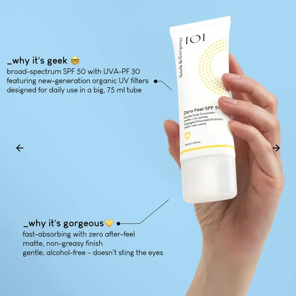 Geek & Gorgeous Zero Feel SPF 50 codzienny krem przeciwsłoneczny lekka formuła ochrona szerokopasmowa UVA-PF 30
