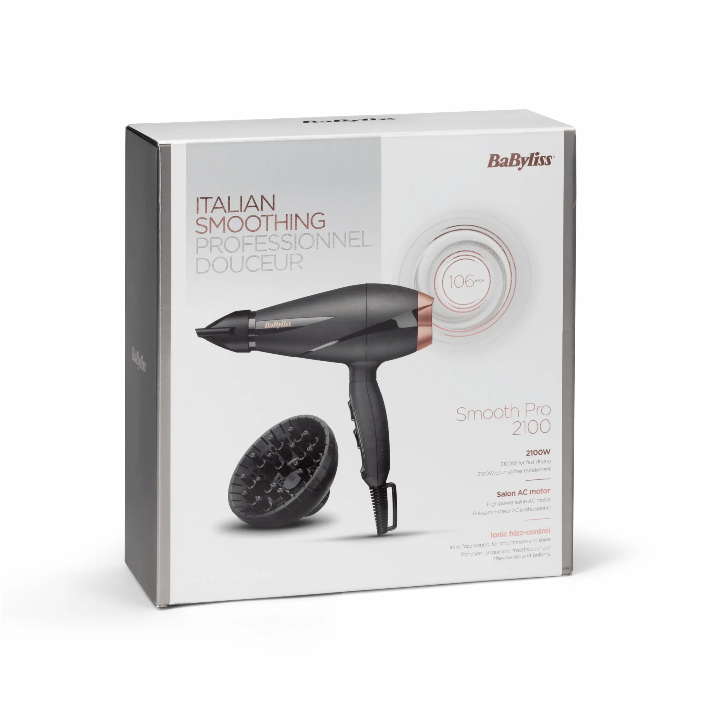 Suszarka BaByliss Smooth Pro - suszarka do włosów o mocy 2100 W, wyprodukowana we Włoszech, jonizacja zapobiegająca puszeniu się włosów, 3 ustawienia temperatury i 2 prędkości, kolor czarny, 6709DE