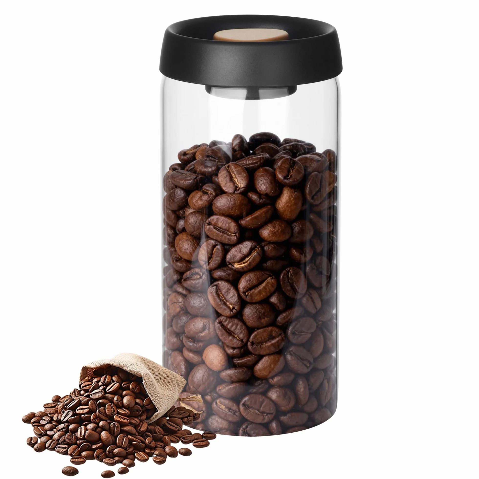 Puszka na kawę z pokrywką próżniową: 1800 ml, szklana puszka z czarną pokrywką,