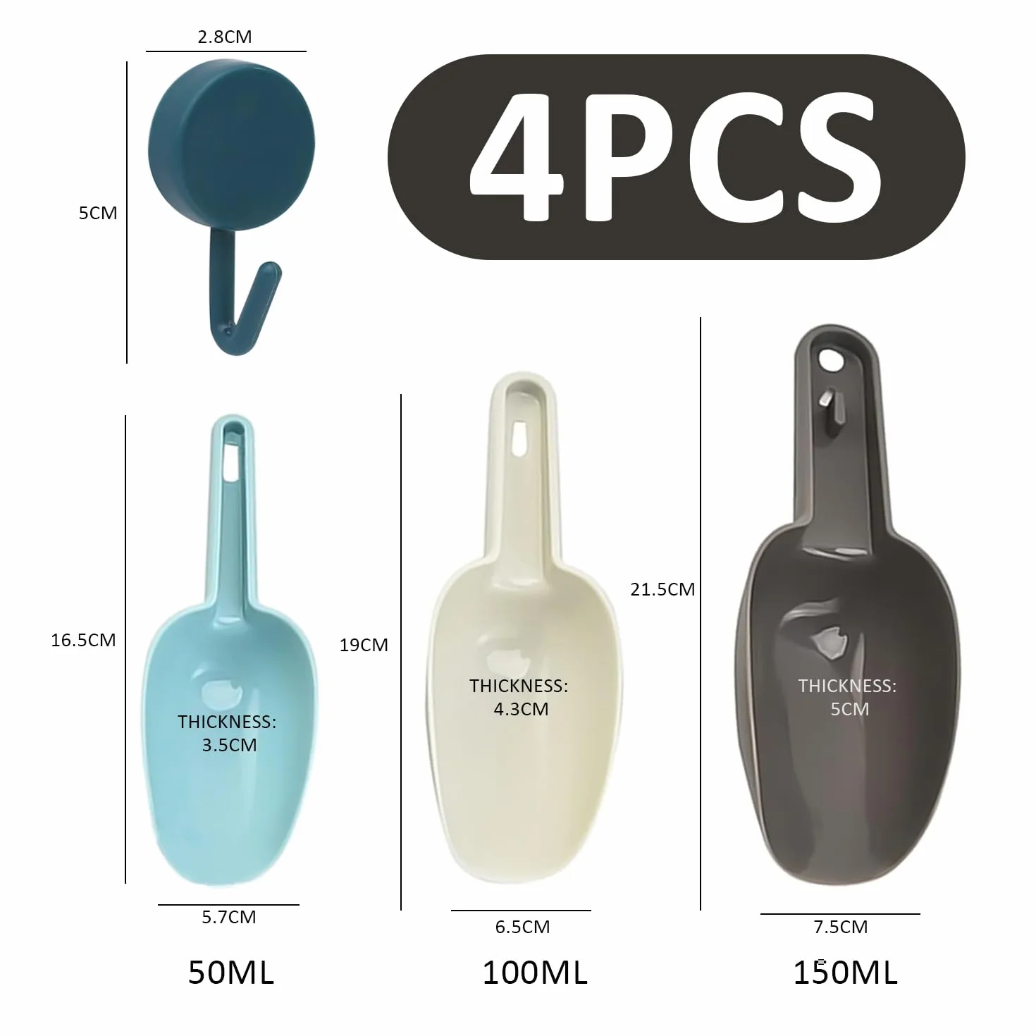 3-częściowy zestaw plastikowych łyżek do lodów, 1 mocny haczyk bez zarysowań, wielofunkcyjny, zapobiegający oparzeniom, łyżka do jedzenia, bar kuchenny, mąka, deser, kawa, łyżka do lodów, łopatka do
