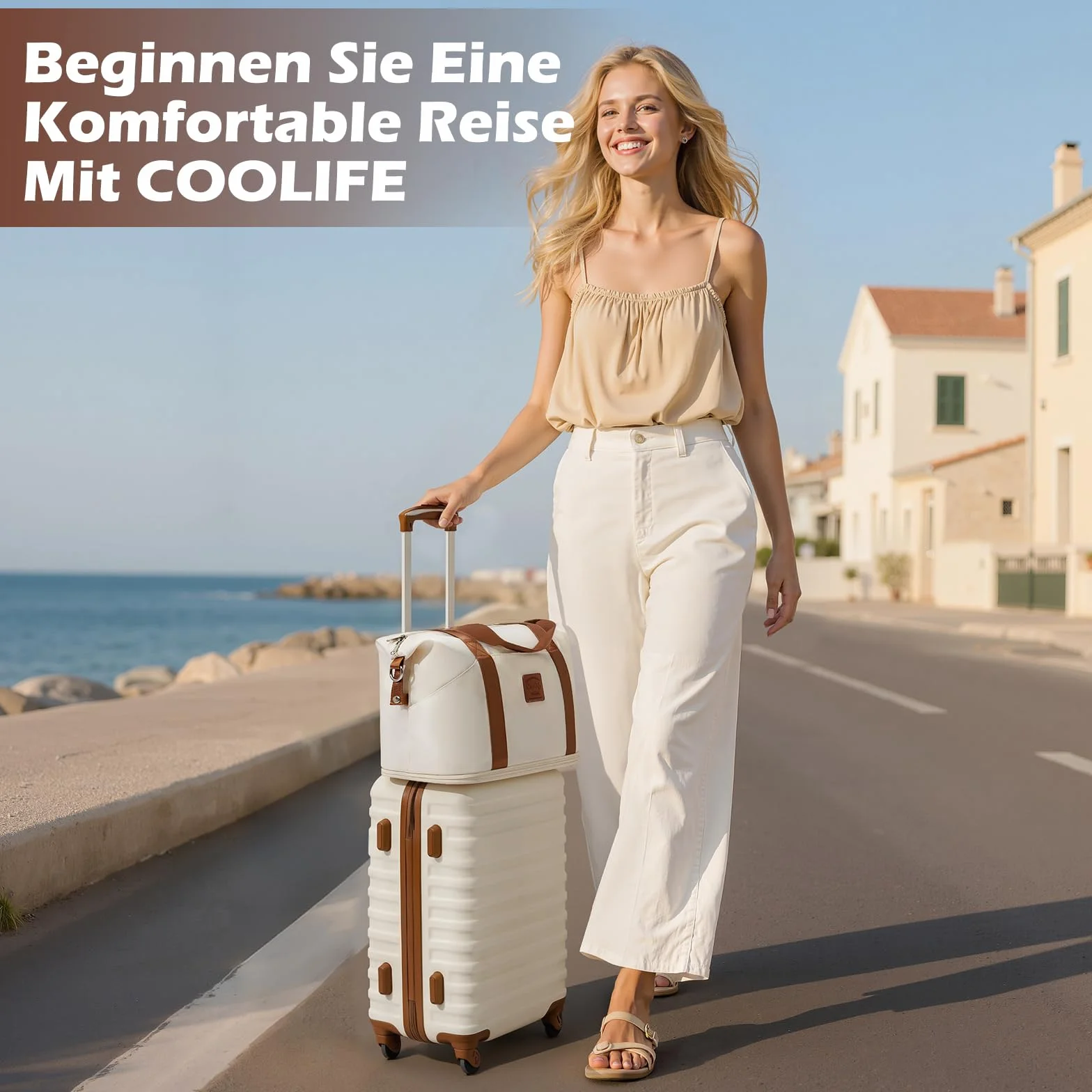 COOLIFE Walizka podróżna na kółkach, z twardego tworzywa ABS, 4 rolki, zamek TSA, zawiera 1 torbę podróżną i 1 kosmetyczkę, niebieski/brązowy, Großer Koffer-Set 3tlg, Duża walizka, 23 kg, bagaż