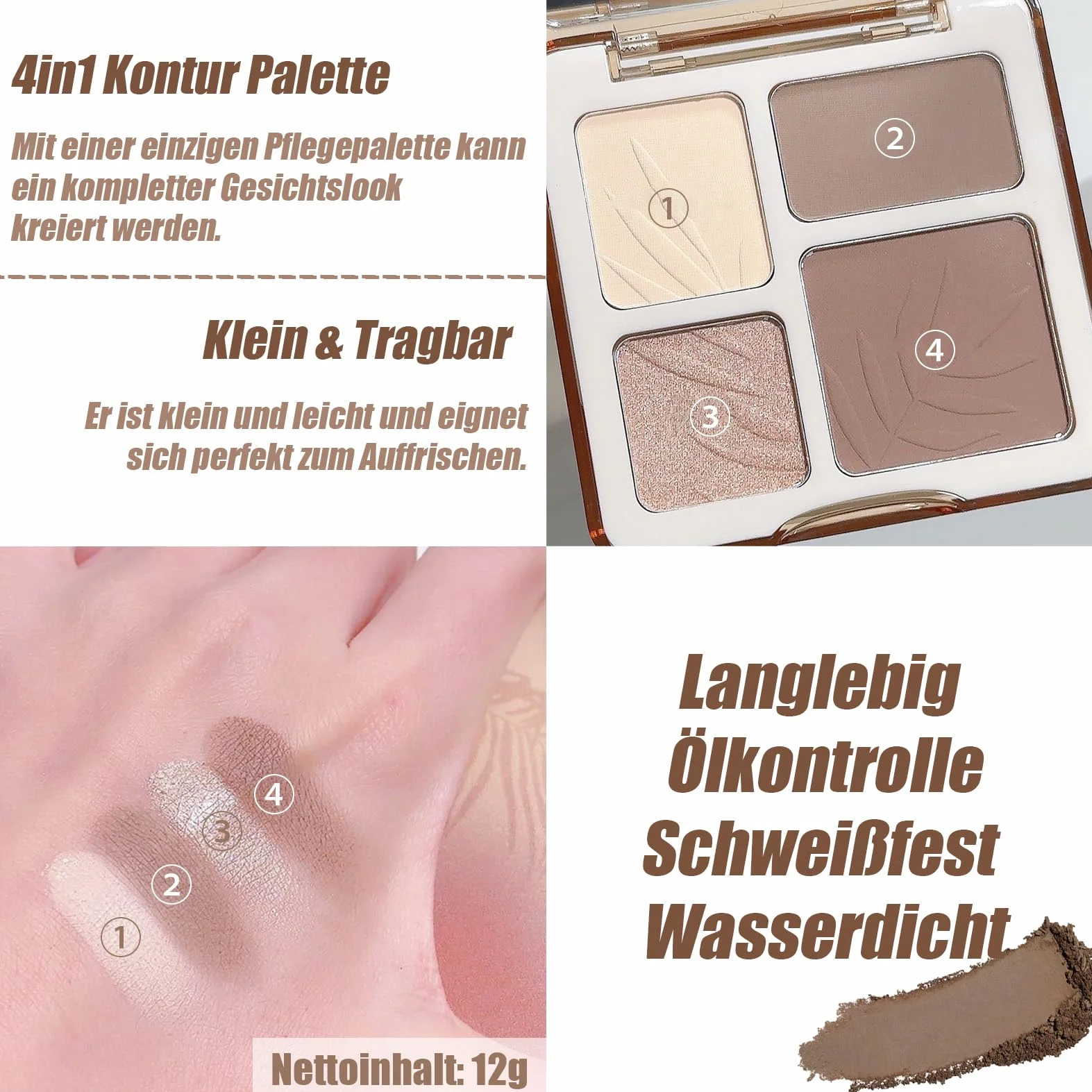 Paleta rozświetlaczy i konturowania 4 kolory matowy bronzer wodoodporna z 2 pędzlami