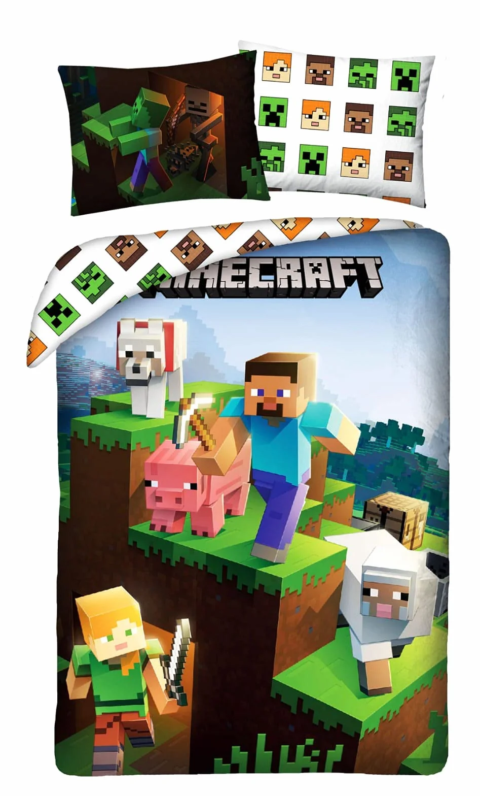 Minecraft Pościel w 100% z bawełny, dwustronna, 140 x 200 cm + poszewka na poduszkę, edycja limitowana