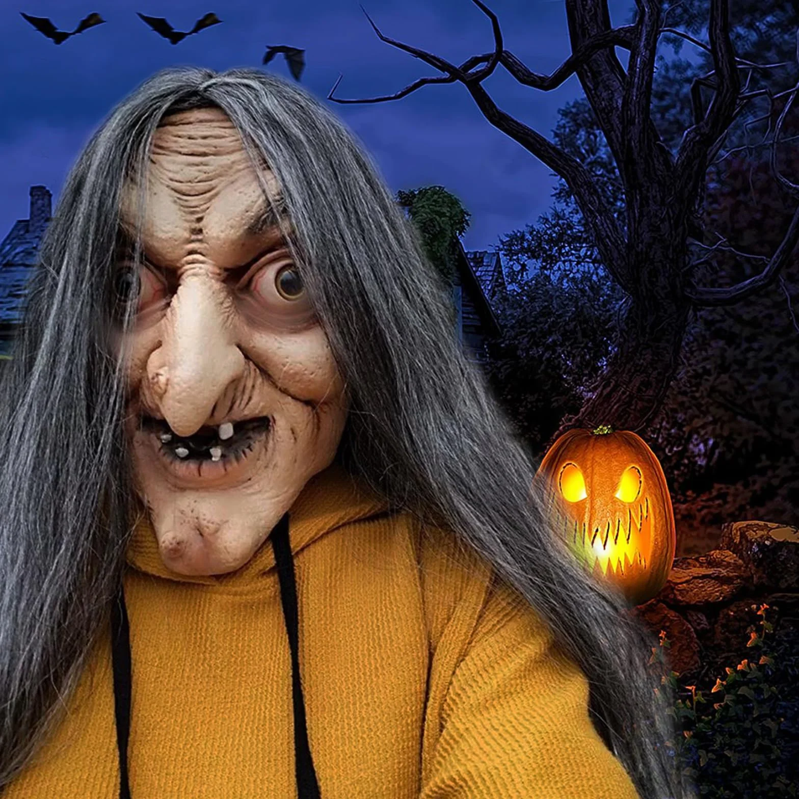 Przerażająca maska czarownicy na Halloween, przerażająca starsza kobieta, maska czarownicy z długimi włosami, straszna lateksowa maska czarownica, realistyczna maska czarownicy na Halloween i