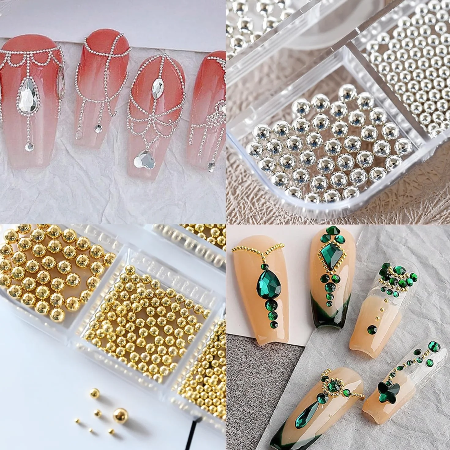 Mini koraliki do paznokci, 1-3 mm, metalowe koraliki kawiorowe, srebrne i złote, koraliki do zdobienia paznokci, mikrokawior do paznokci, cyrkonie do dekoracji manicure