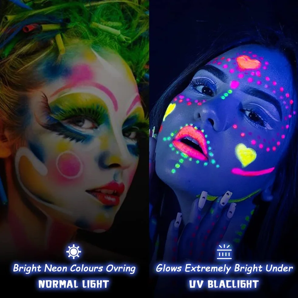 AOOWU Zestaw farb do twarzy 8 kolorów UV neonowa fluorescencyjna nietoksyczna z pędzlem paletowym