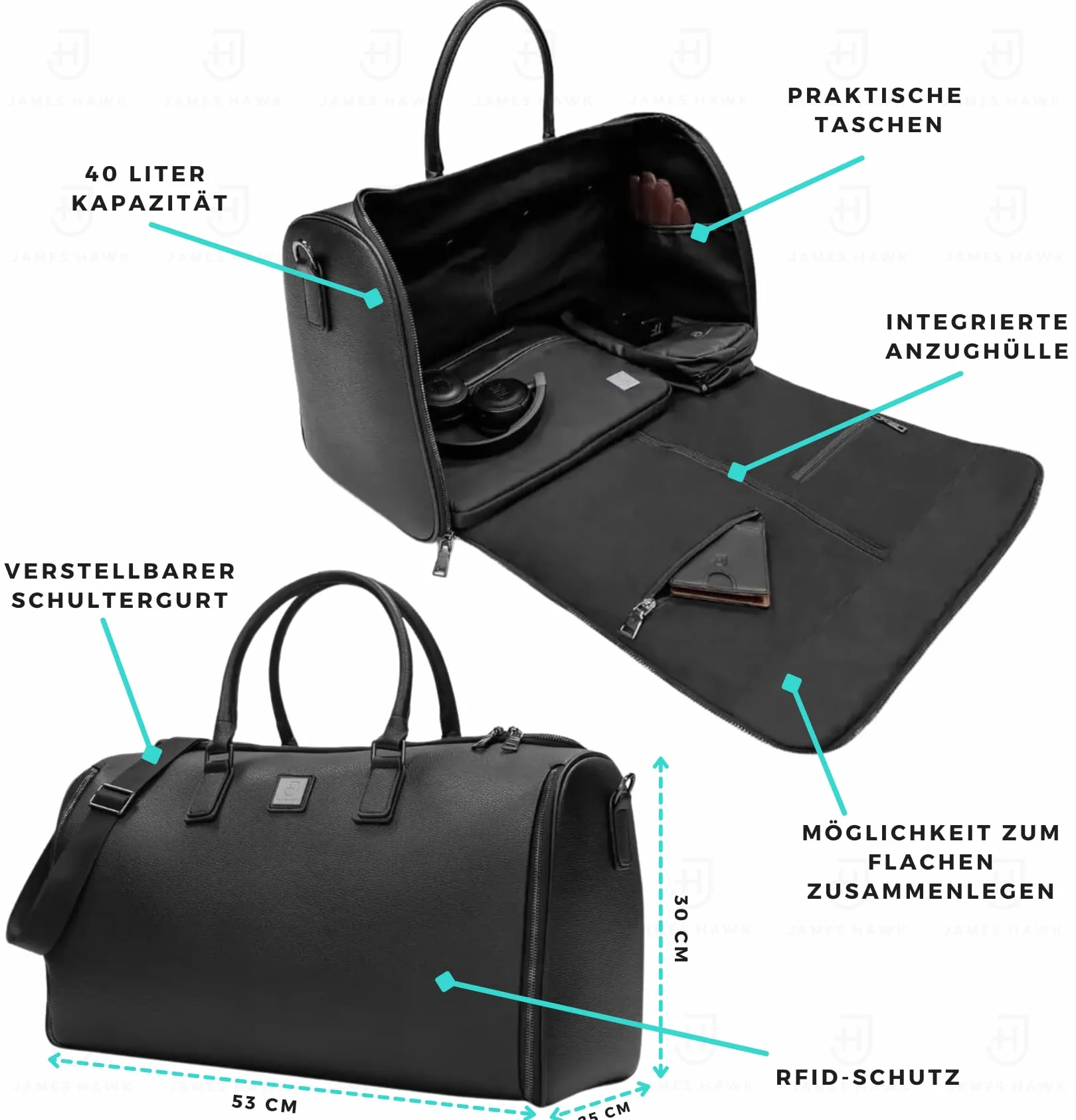Weekender Suit Bag Torba podróżna na podróż służbową i bagaż podręczny - z ochroną RFID - torba na odzież z odpinanym paskiem do przenoszenia - torba na garnitur i koszulę - czarna