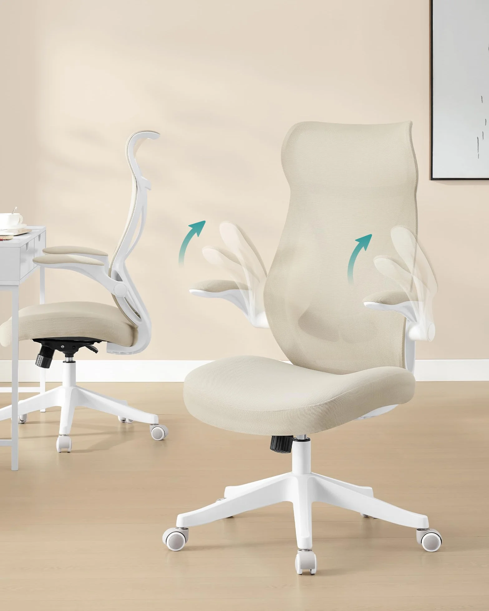 SONGMICS Krzesło biurowe, obrotowe krzesło siatkowe, ergonomiczne oparcie, regulacja wysokości, rozkładane podłokietniki, zagłówek, obciążenie do 150 kg, beżowy cappuccino OBN088K01