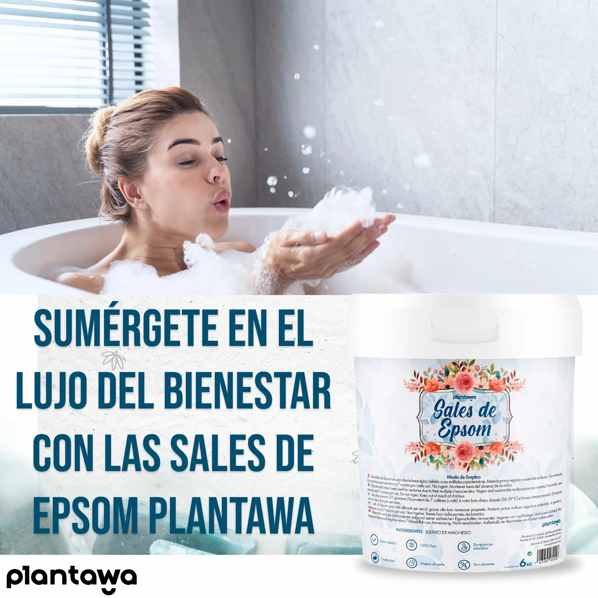 Plantawa Epsom sól 6 kg, koncentrat soli do kąpieli z czystego magnezu, naprawa i pieniąca kąpiel, bez toksyn i dodatków, regenerujący sen | 100% naturalna, skuteczna pielęgnacja ciała.