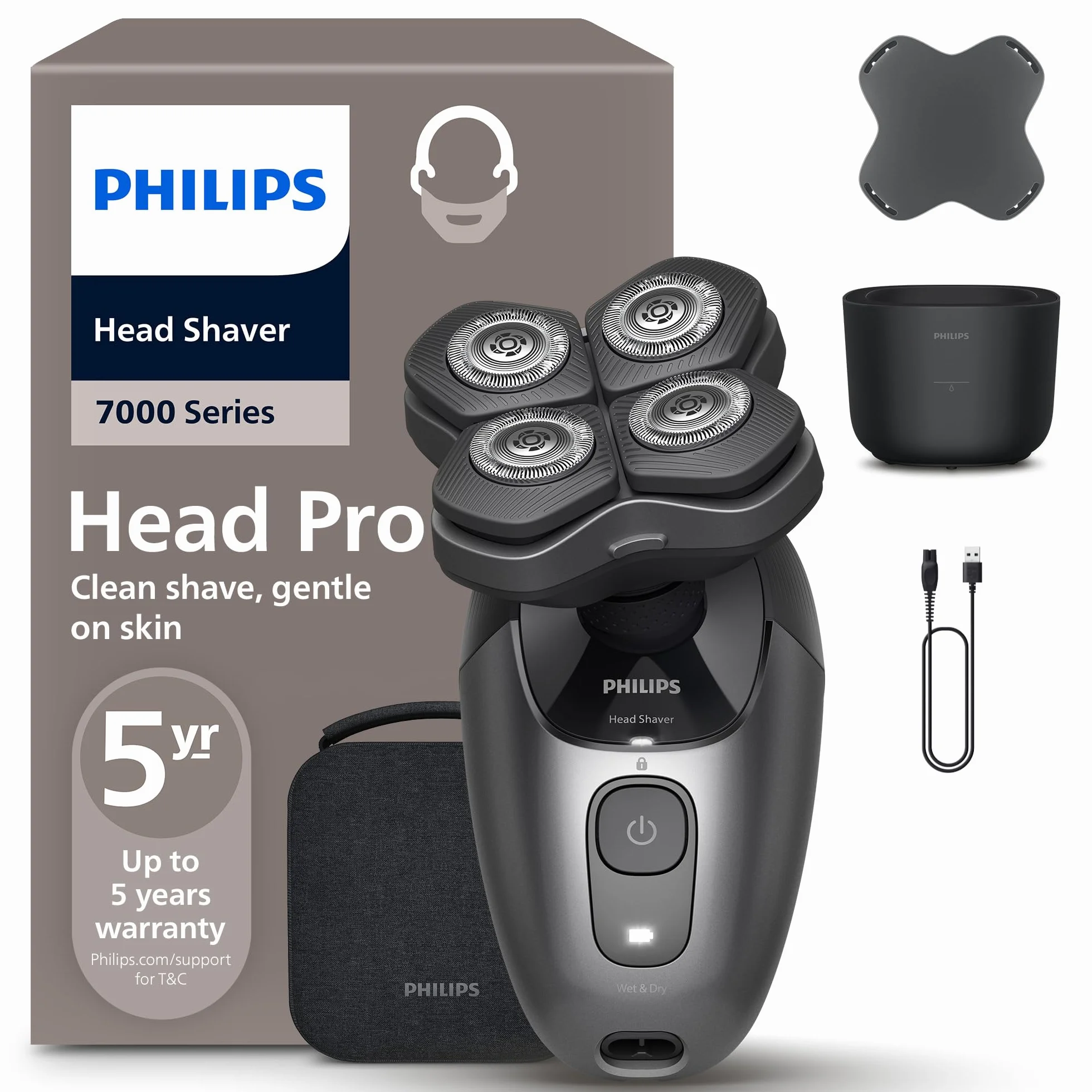 Philips Head Shaver Pro Seria 7000 – Golarka do głowy dla mężczyzn i kobiet, z elastyczną głowicą 360° i ostrzami ComfortCut zapewniającymi dokładne golenie, delikatna dla skóry, model HS7980/15