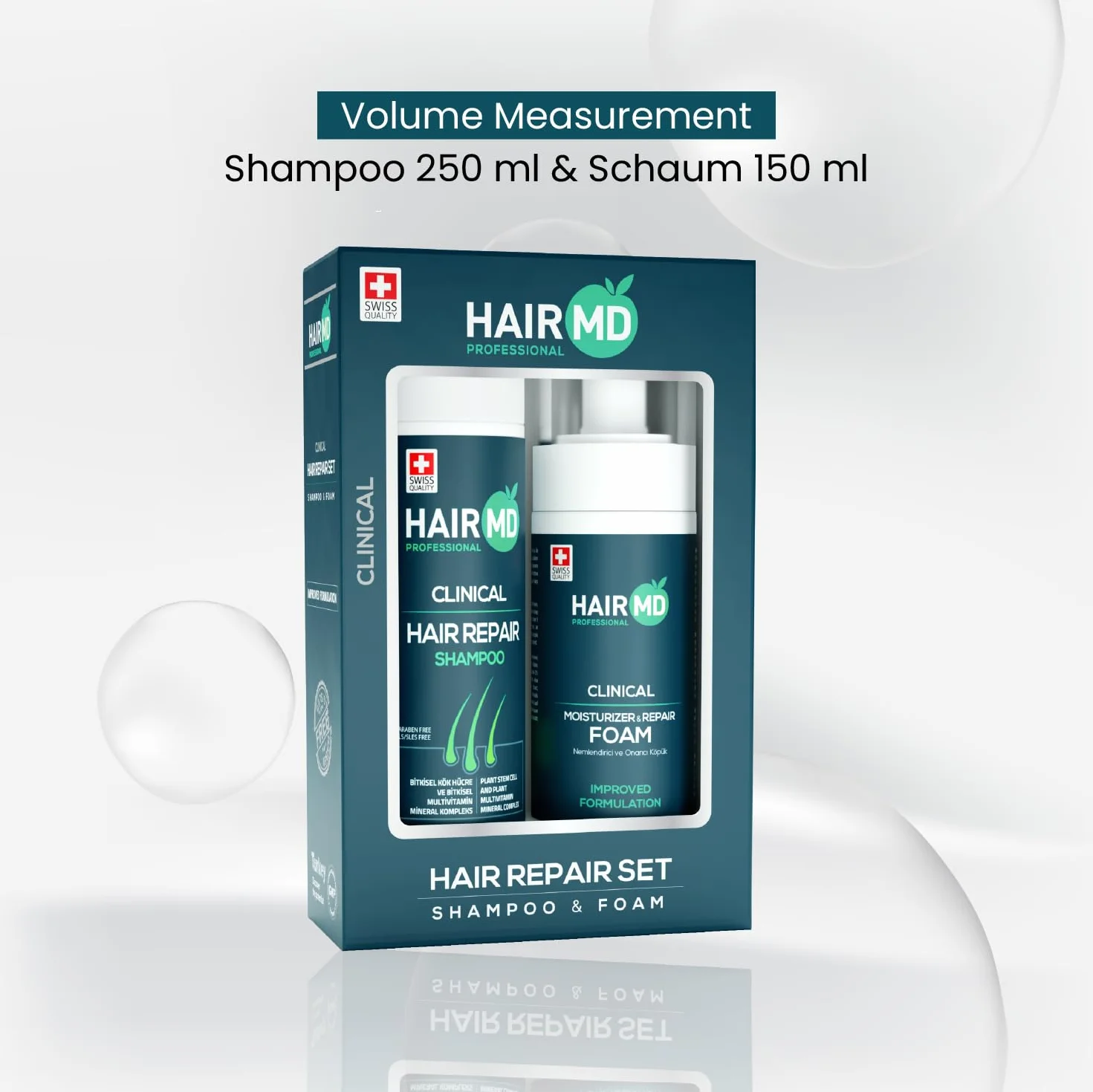 HairMD Zestaw szamponów i pianki na porost włosów z szamponem regenerującym 250 ml i pianką naprawczą 150 ml – bogaty w biotynę, keratynę, palmetto, odpowiedni do wszystkich rodzajów włosów