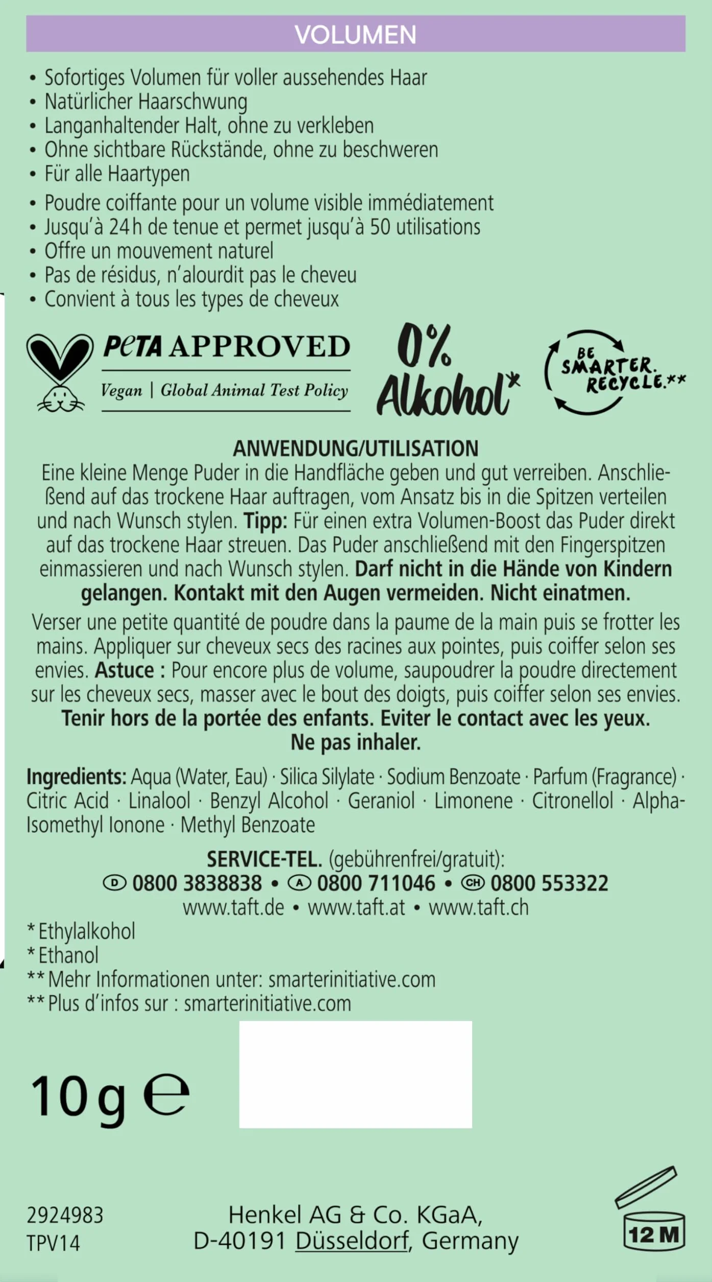 Schwarzkopf Taft puder do stylizacji włosów, objętość (10 g), puder do włosów o pełnych wyglądzie, do 50 zastosowań, wegański puder do stylizacji.