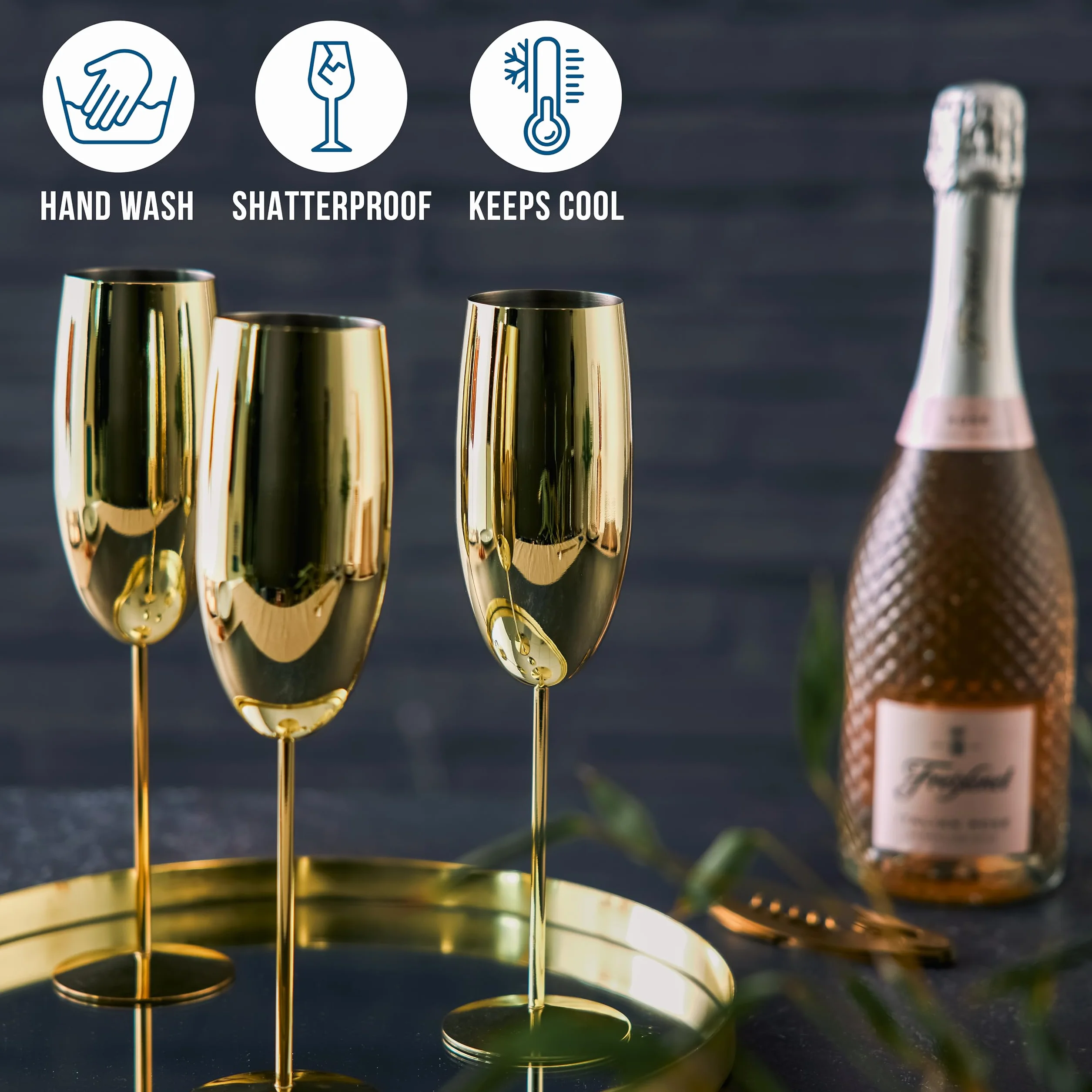 Dąb & Steel - 4 flety szampana ze stali nierdzewnej z pudełkiem prezentowym, 285ml - matowe złoto - eleganckie, solidne i niełamliwe - urodziny, wesela i Walentynki