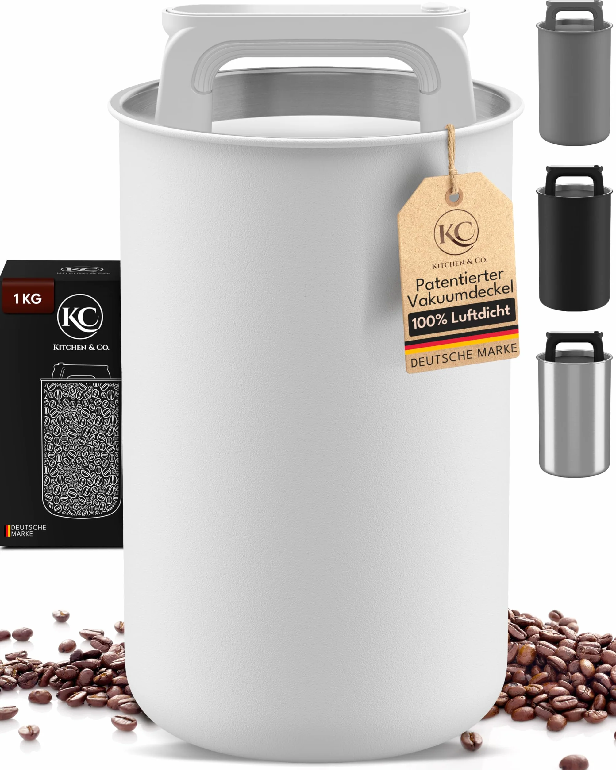 KC Kitchen & Co. Hermetyczna puszka na kawę na 1 kg ziaren kawy – puszka ze stali nierdzewnej z pokrywką próżniową i zamknięciem zapachowym – puszka do przechowywania kawy, herbaty, cukru, musli
